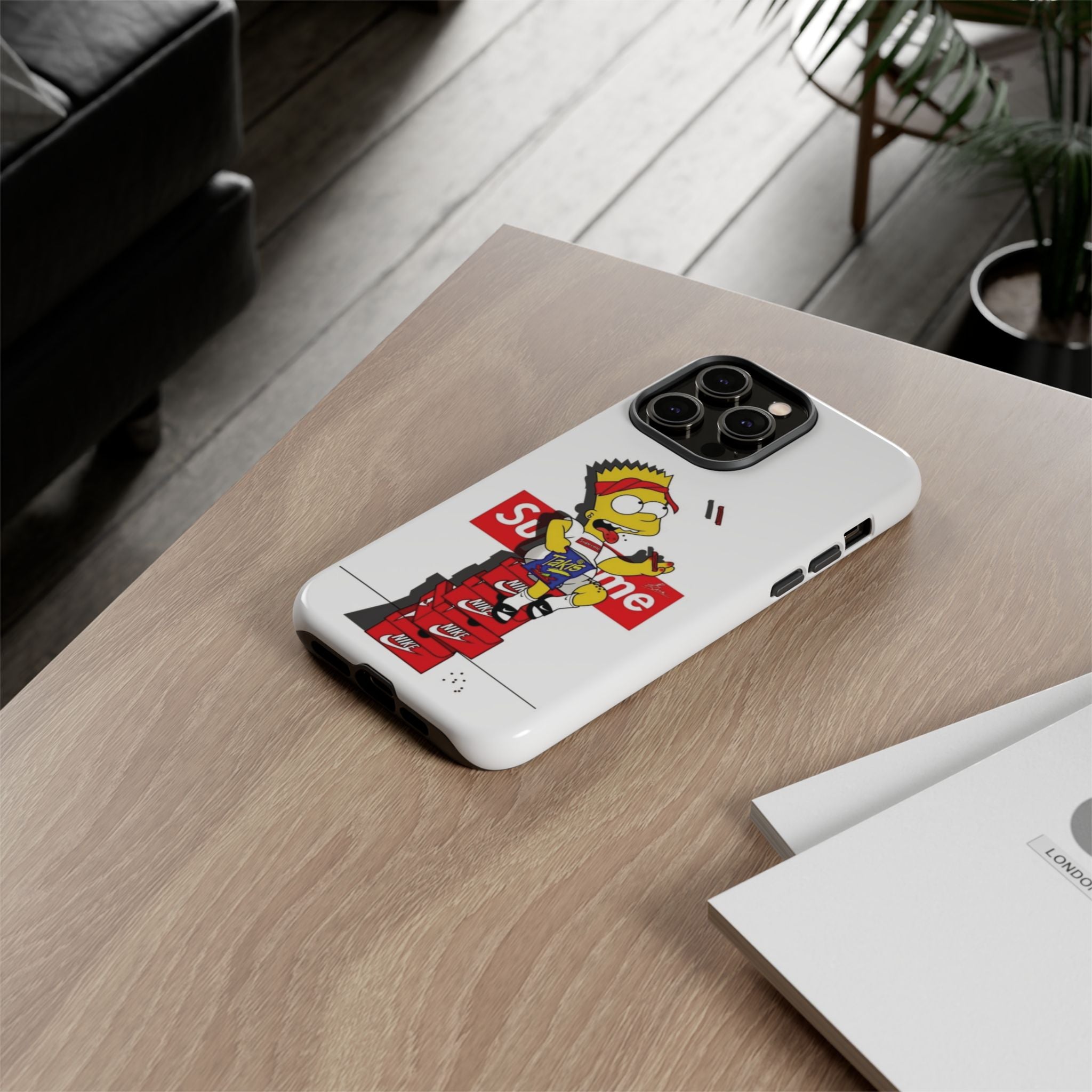 Bart Skateboard Streetwear Tough Phone Case Sitting on Nike Shoebox Eating Takis