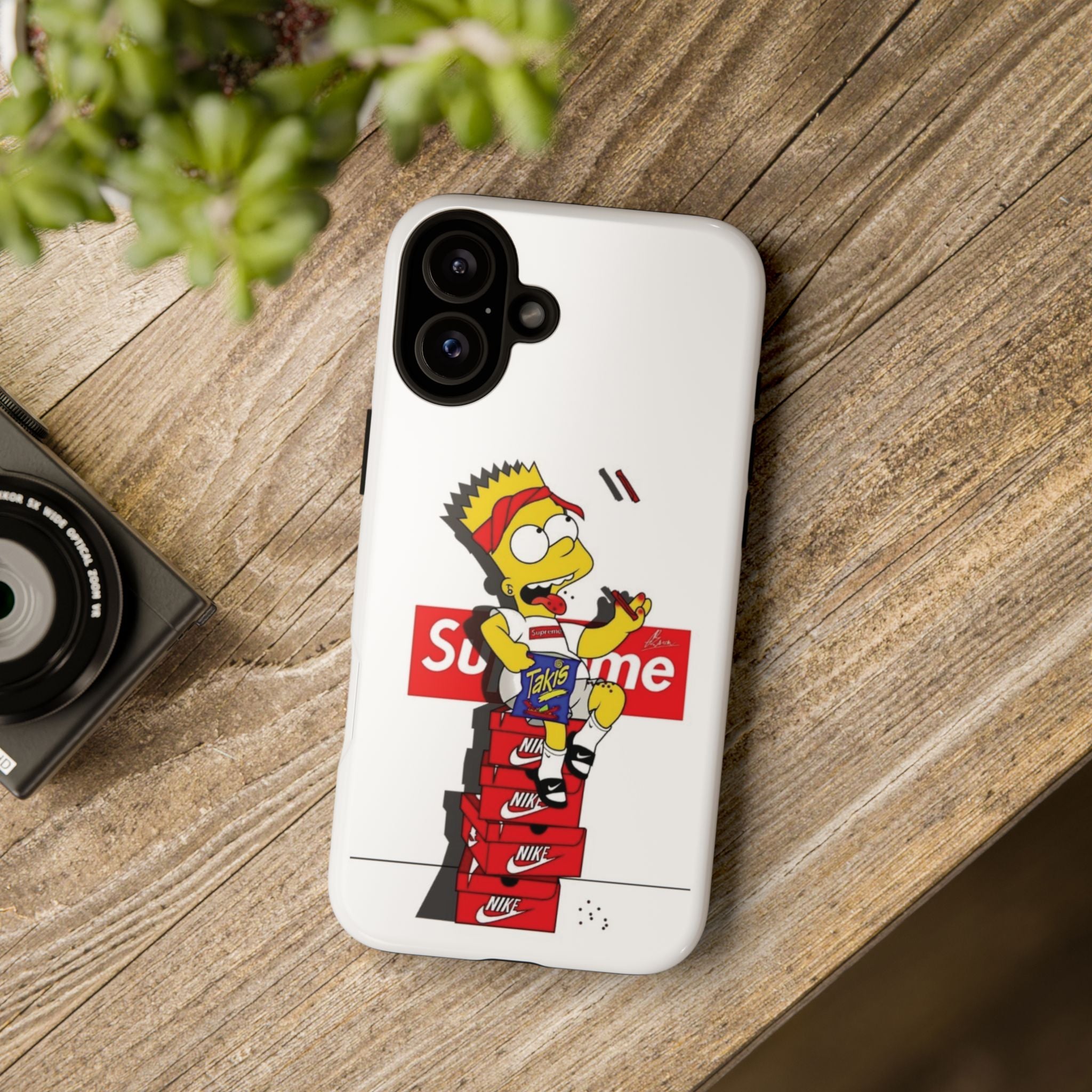 Bart Skateboard Streetwear Tough Phone Case Sitting on Nike Shoebox Eating Takis