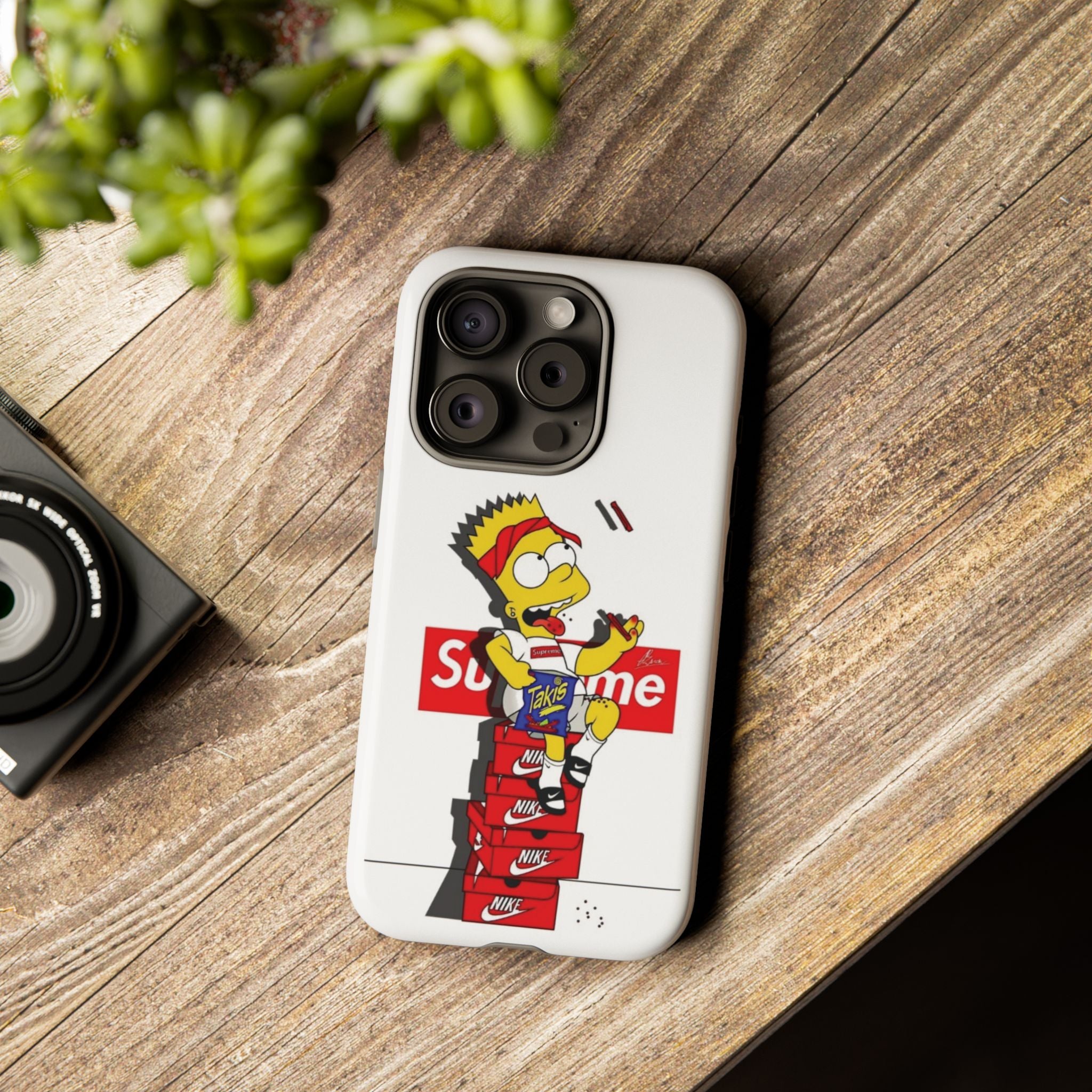 Bart Skateboard Streetwear Tough Phone Case Sitting on Nike Shoebox Eating Takis