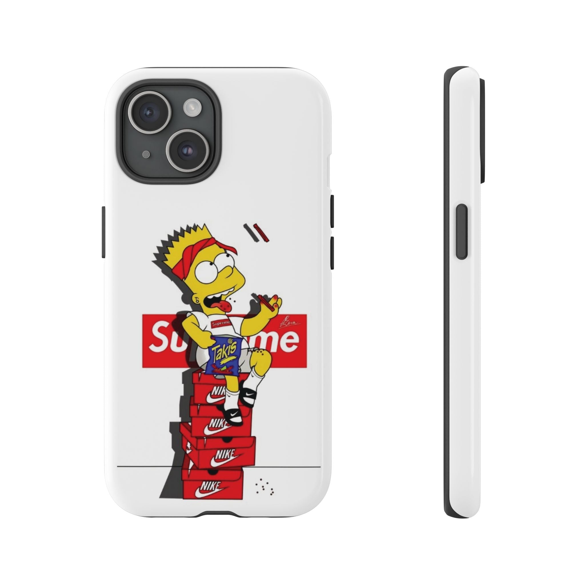 Bart Skateboard Streetwear Tough Phone Case Sitting on Nike Shoebox Eating Takis