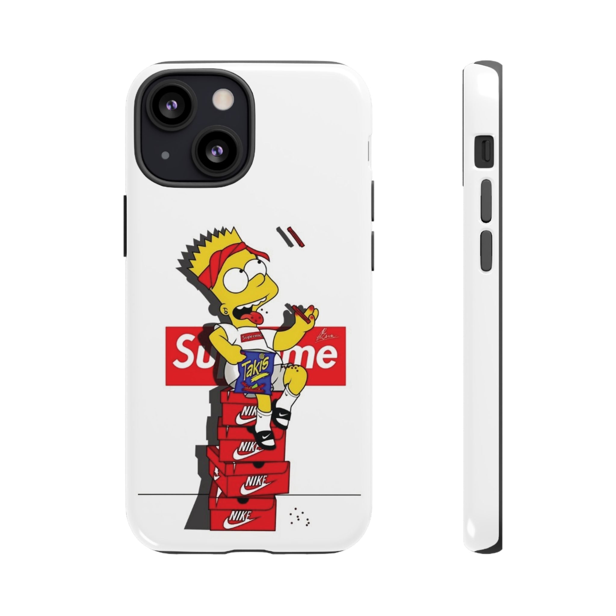 Bart Skateboard Streetwear Tough Phone Case Sitting on Nike Shoebox Eating Takis