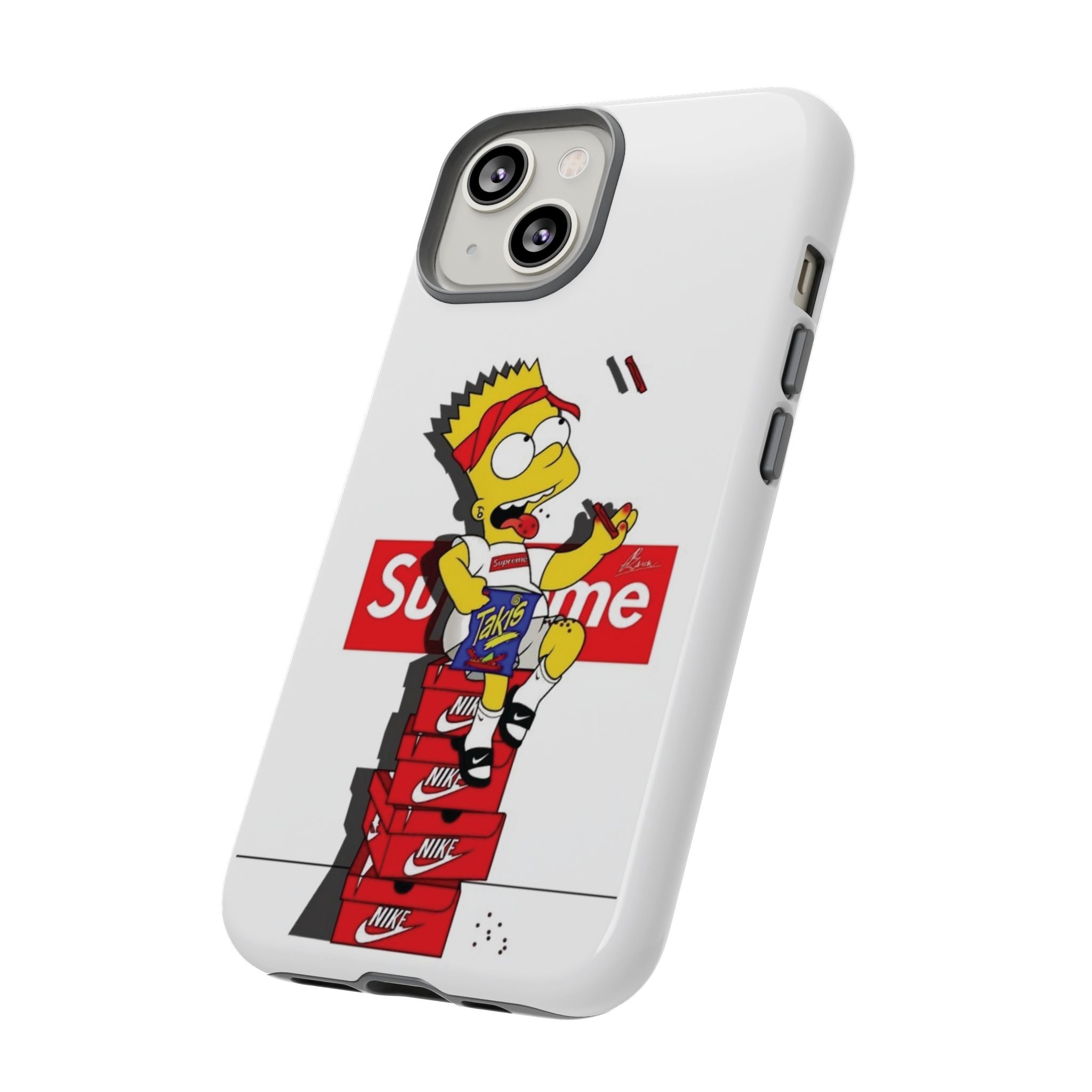 Bart Skateboard Streetwear Tough Phone Case Sitting on Nike Shoebox Eating Takis