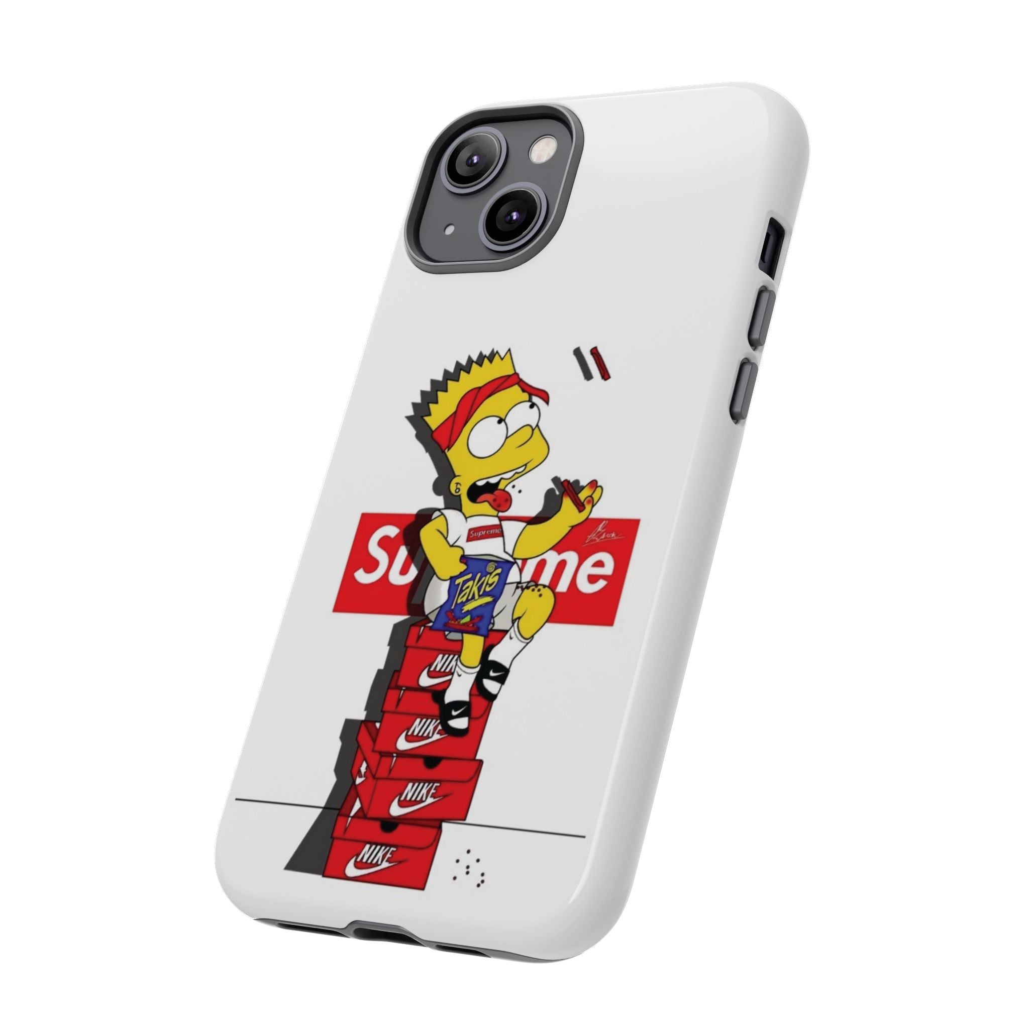 Bart Skateboard Streetwear Tough Phone Case Sitting on Nike Shoebox Eating Takis