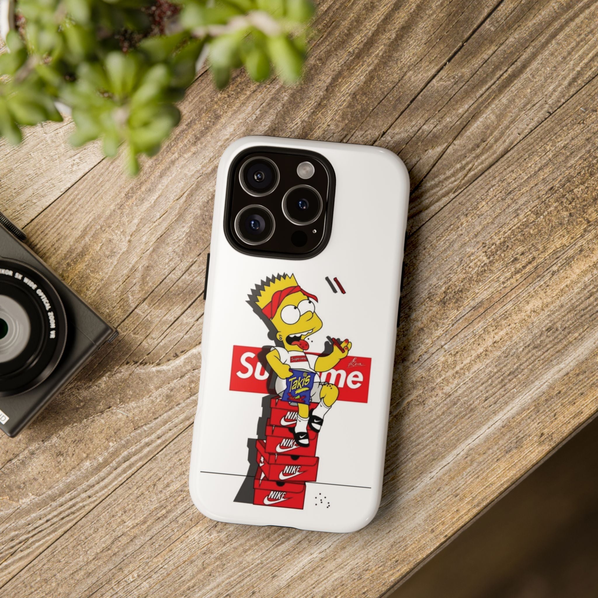 Bart Skateboard Streetwear Tough Phone Case Sitting on Nike Shoebox Eating Takis