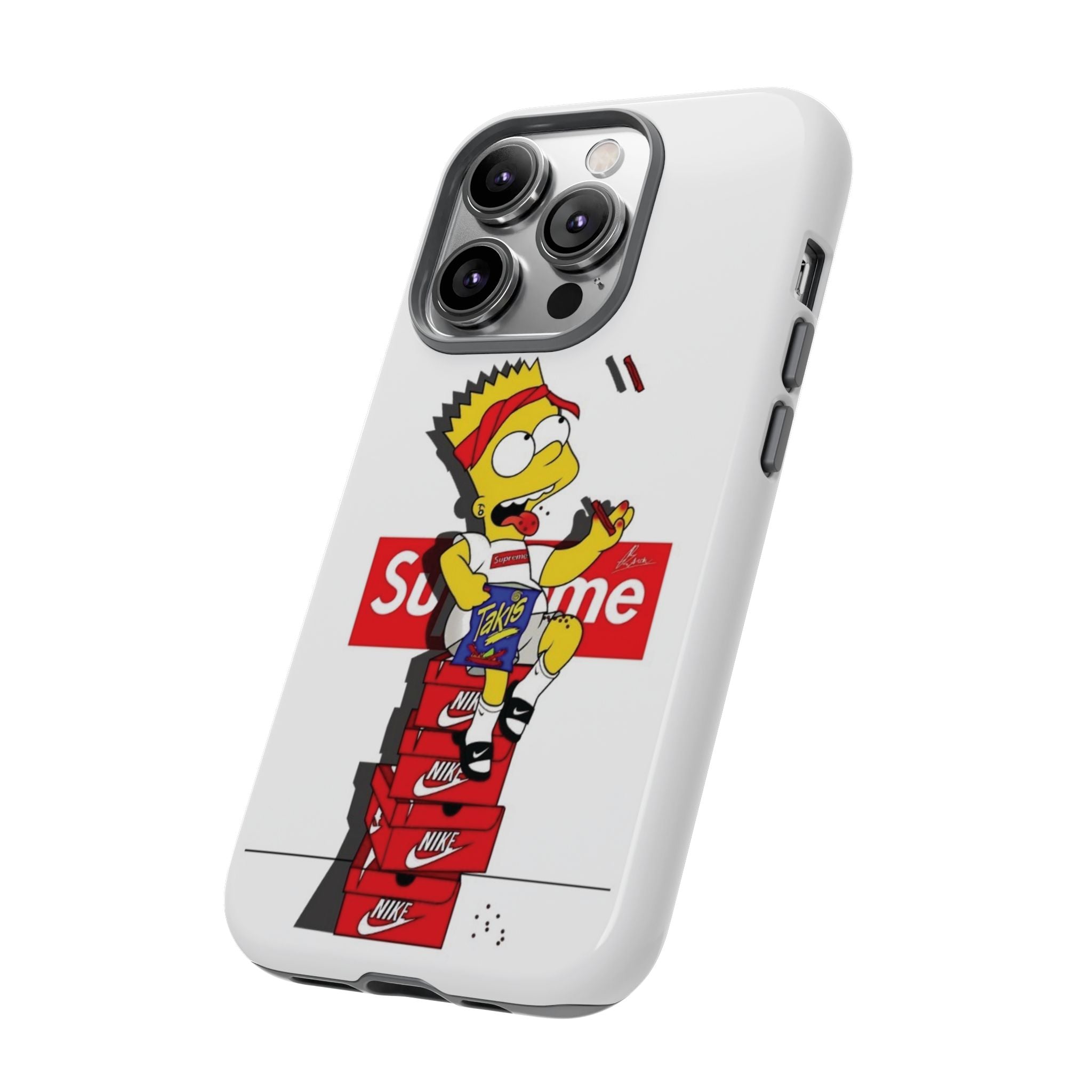 Bart Skateboard Streetwear Tough Phone Case Sitting on Nike Shoebox Eating Takis