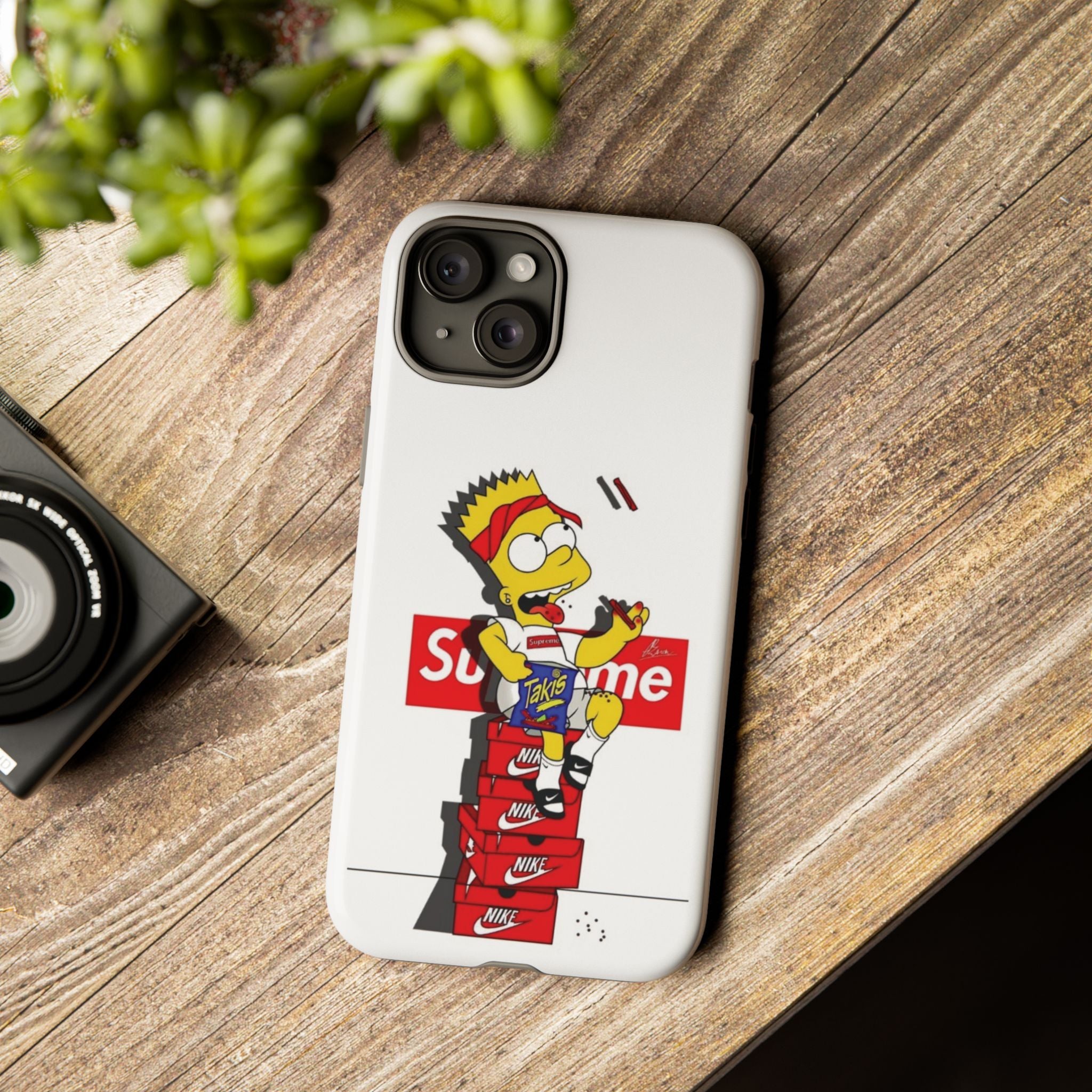 Bart Skateboard Streetwear Tough Phone Case Sitting on Nike Shoebox Eating Takis