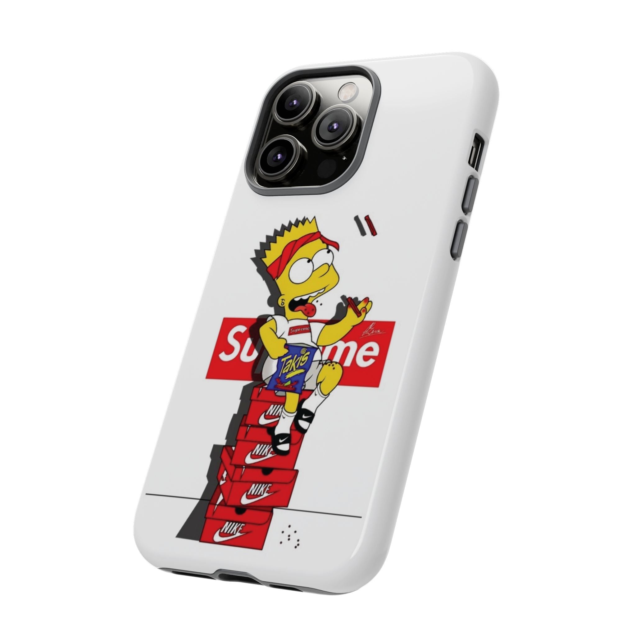 Bart Skateboard Streetwear Tough Phone Case Sitting on Nike Shoebox Eating Takis