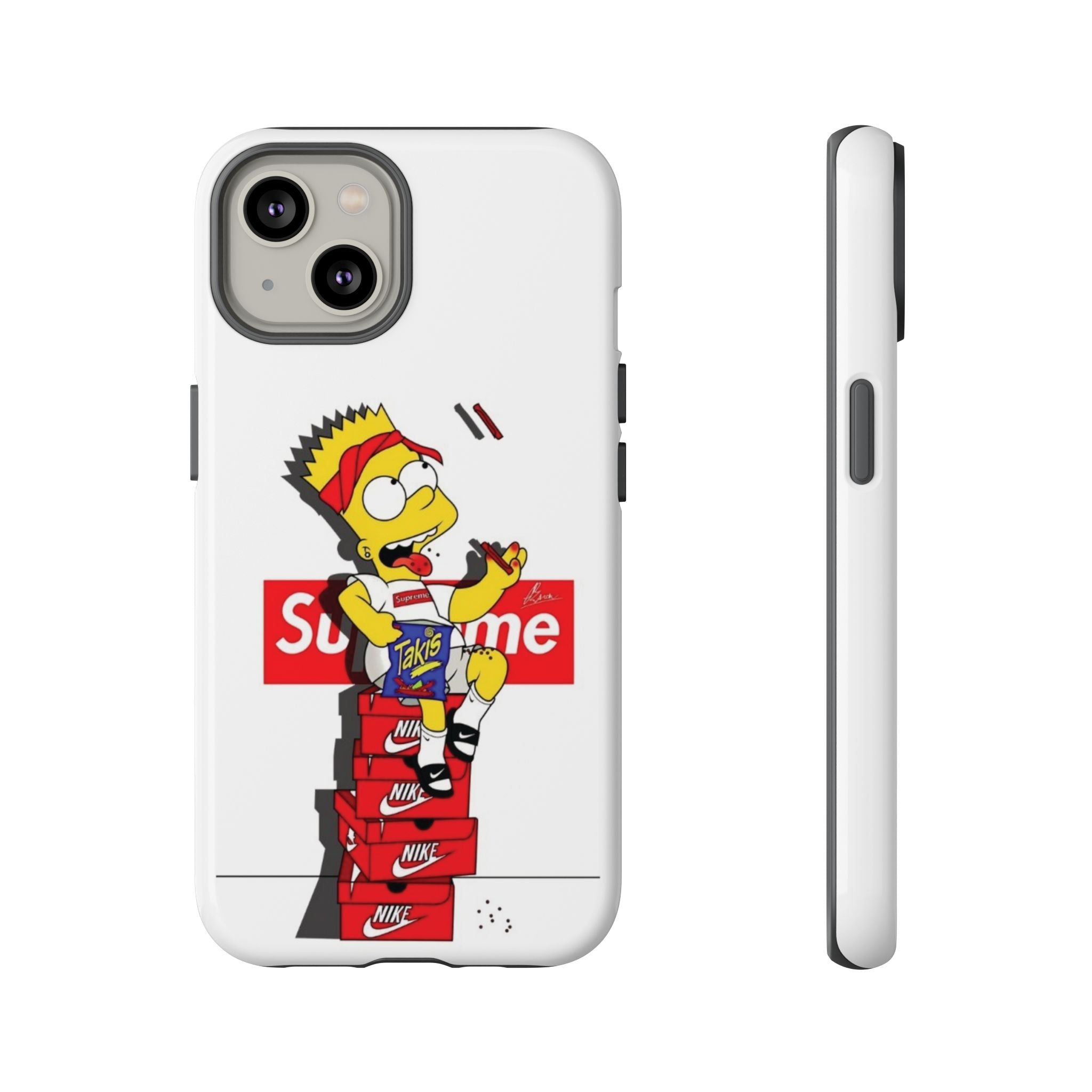 Bart Skateboard Streetwear Tough Phone Case Sitting on Nike Shoebox Eating Takis