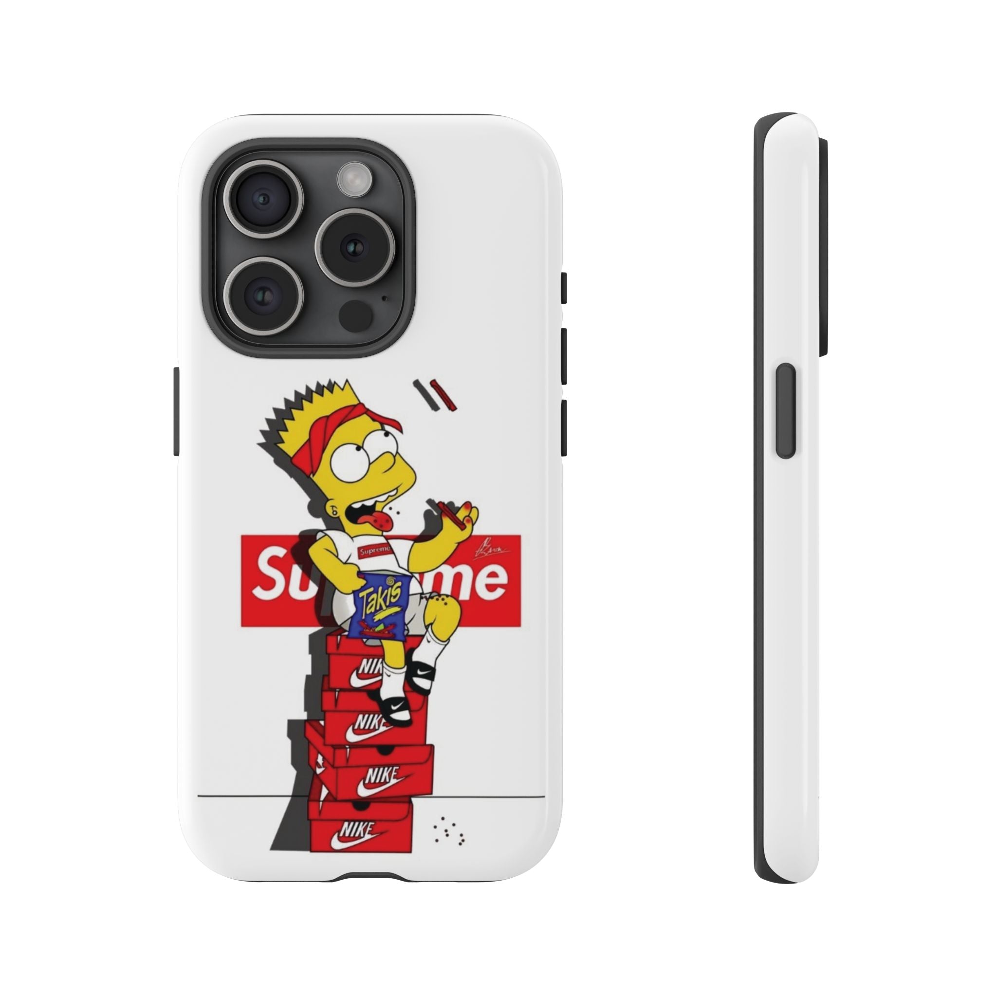 Bart Skateboard Streetwear Tough Phone Case Sitting on Nike Shoebox Eating Takis