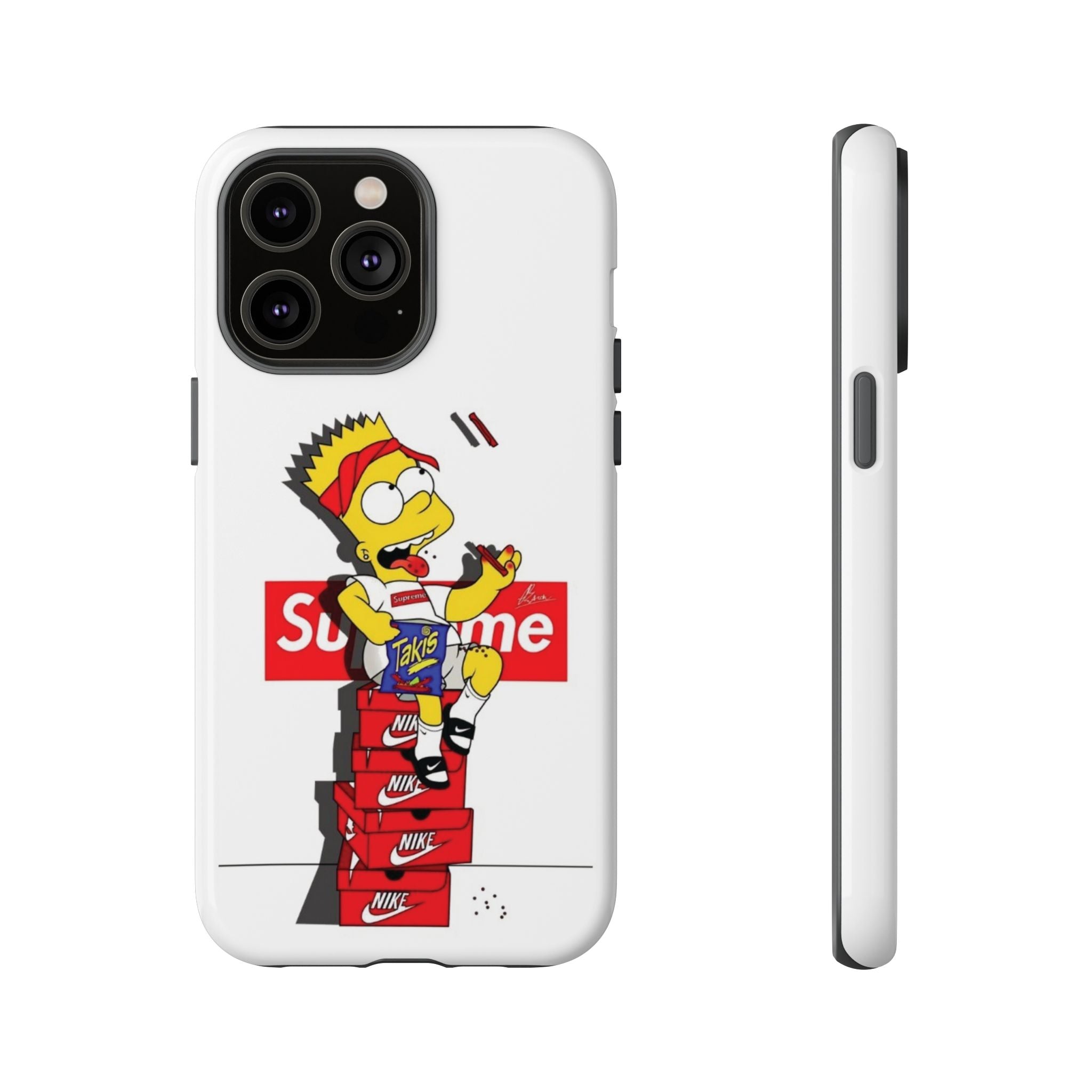 Bart Skateboard Streetwear Tough Phone Case Sitting on Nike Shoebox Eating Takis