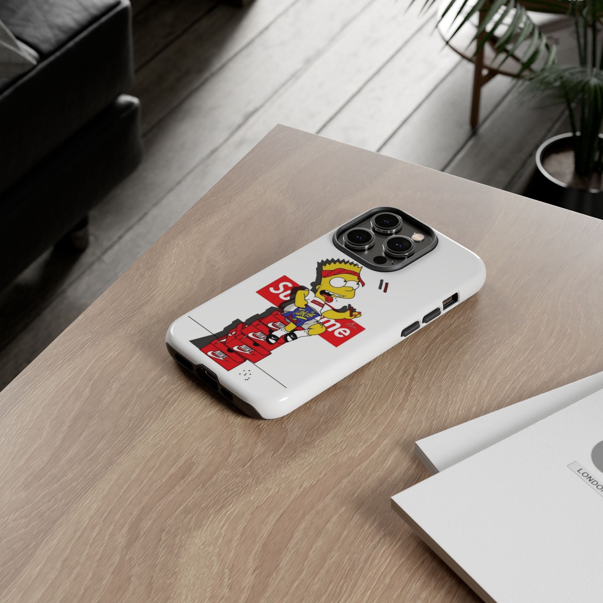 Bart Skateboard Streetwear Tough Phone Case Sitting on Nike Shoebox Eating Takis