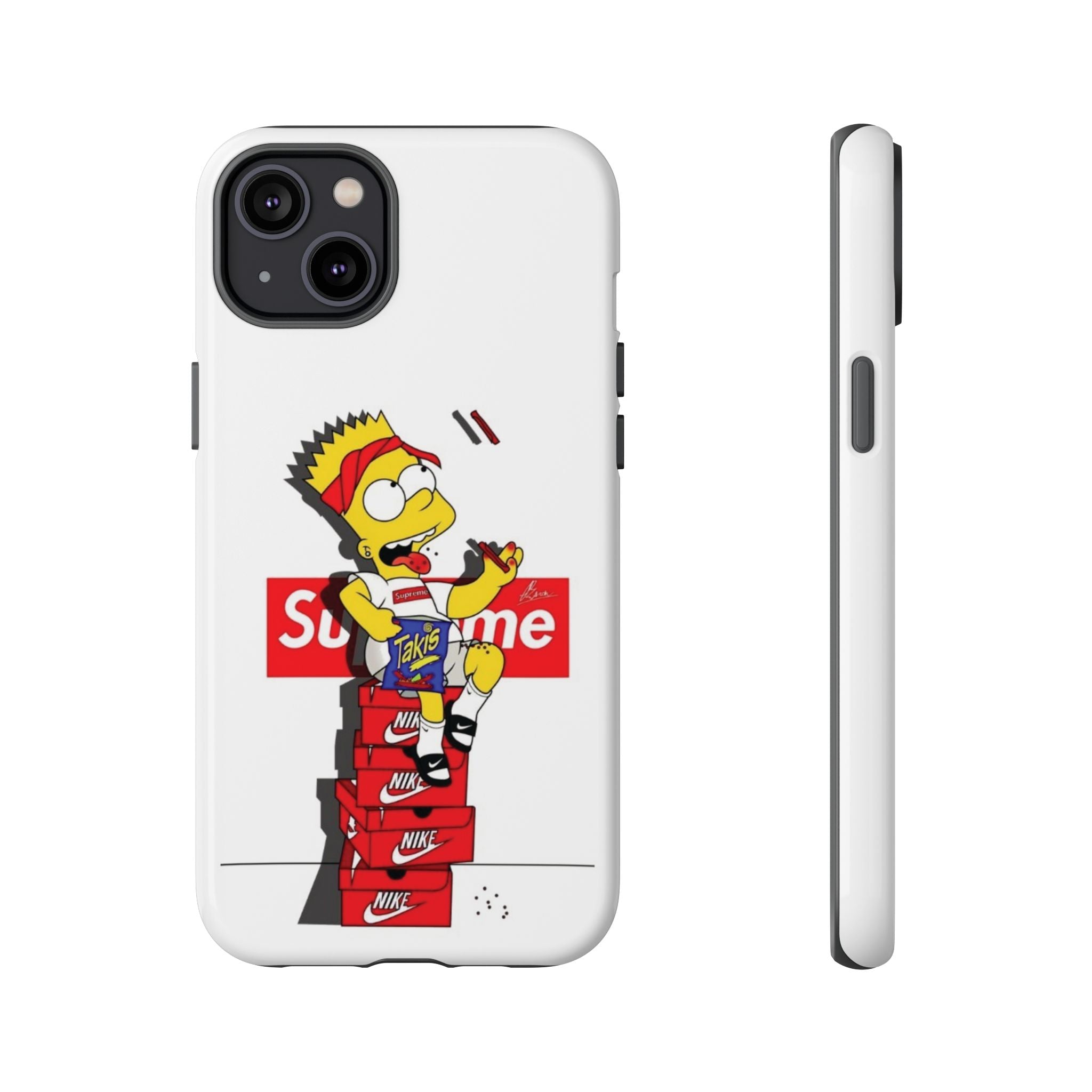 Bart Skateboard Streetwear Tough Phone Case Sitting on Nike Shoebox Eating Takis