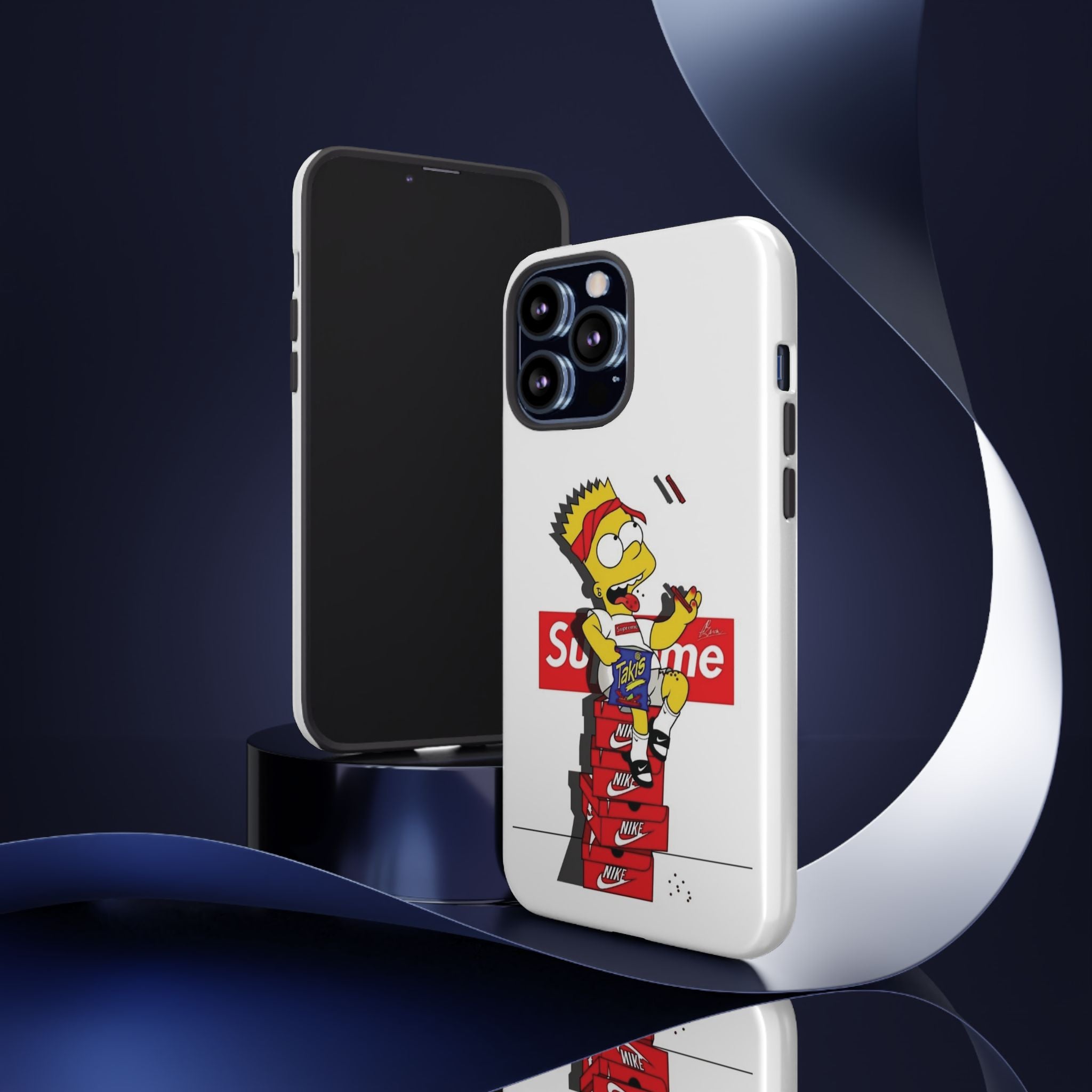 Bart Skateboard Streetwear Tough Phone Case Sitting on Nike Shoebox Eating Takis