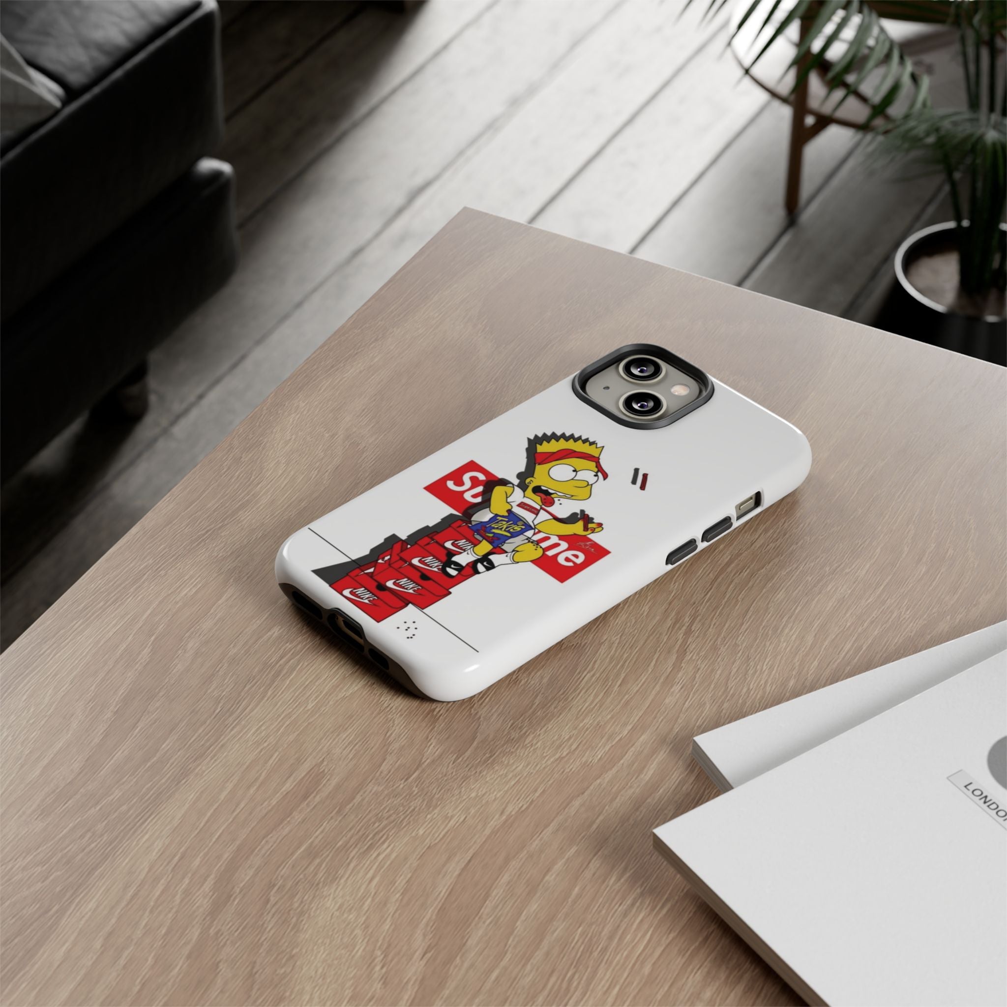 Bart Skateboard Streetwear Tough Phone Case Sitting on Nike Shoebox Eating Takis