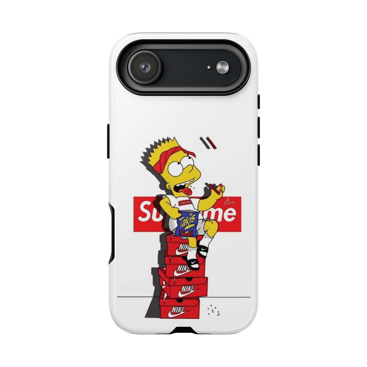 Bart Skateboard Streetwear Tough Phone Case Sitting on Nike Shoebox Eating Takis