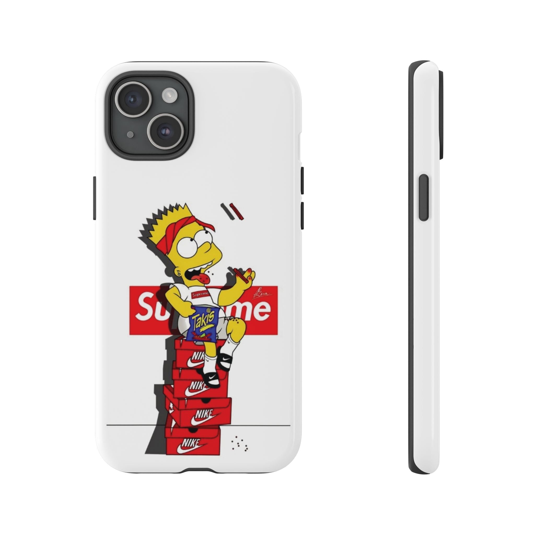 Bart Skateboard Streetwear Tough Phone Case Sitting on Nike Shoebox Eating Takis
