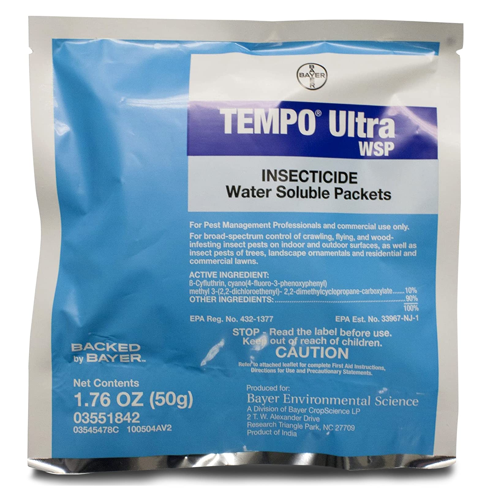 Tempo Ultra WSP Insecticide- Bayer Bed Bug Killer - Carpenter Bee Killer - Cockroach Killer Indoor Home - Insect Killer - Tempo Insecticide - Available with Premium Quality Centaurus AZ Gloves-50 G