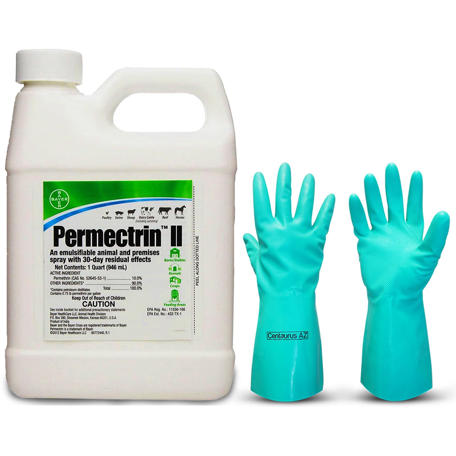 Bayer Permectrin II Spray - Permethrin Insecticide - Cattle Fly Spray - Poultry Mite and Lice Treatment - Horse Fly Spray - Permethrin Spray - Available with Premium Quality Centaurus AZ Gloves- 1qt