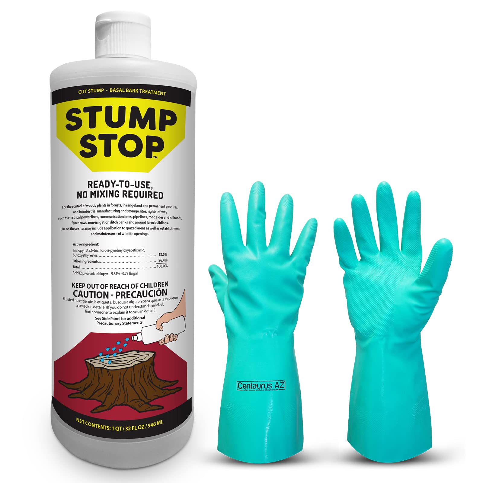 Stump Stop Ready to Use Herbicide Stump Remover - Stump Killer for Trees - Kill Poison Ivy and Poison Oak - Perfect Lawn Care - Available with Premium Quality Centaurus AZ Gloves - 32oz.