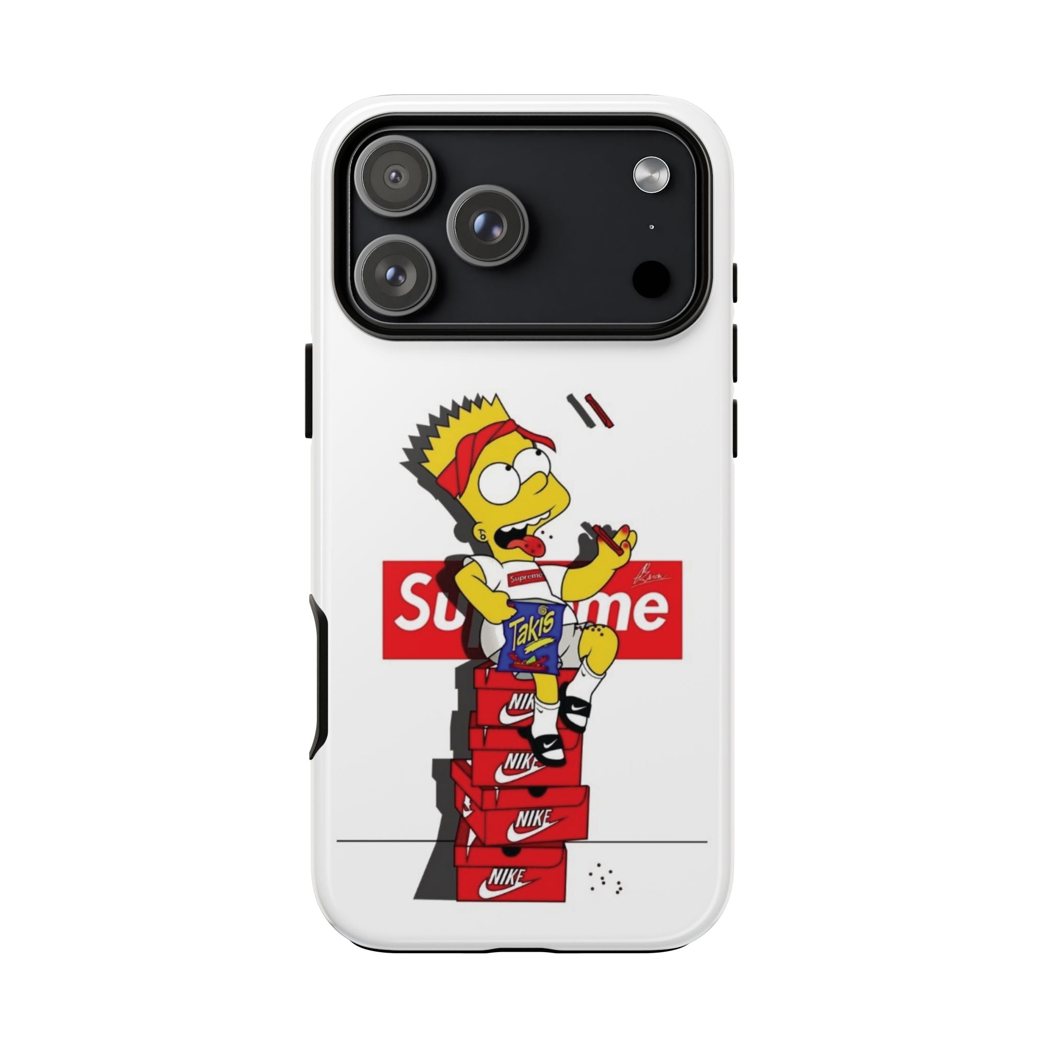 Bart Skateboard Streetwear Tough Phone Case Sitting on Nike Shoebox Eating Takis