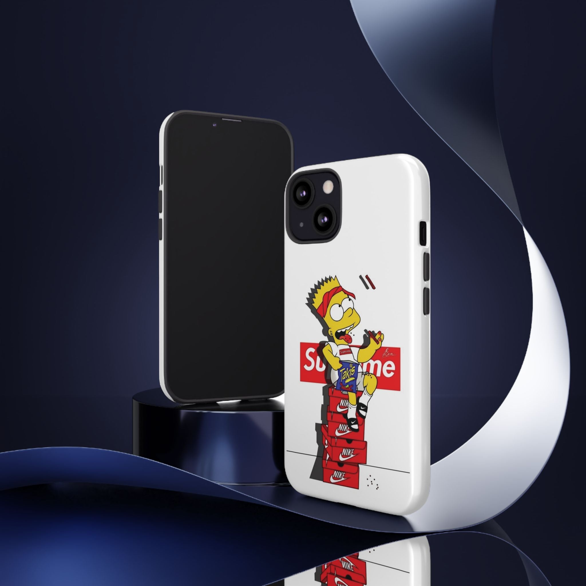 Bart Skateboard Streetwear Tough Phone Case Sitting on Nike Shoebox Eating Takis