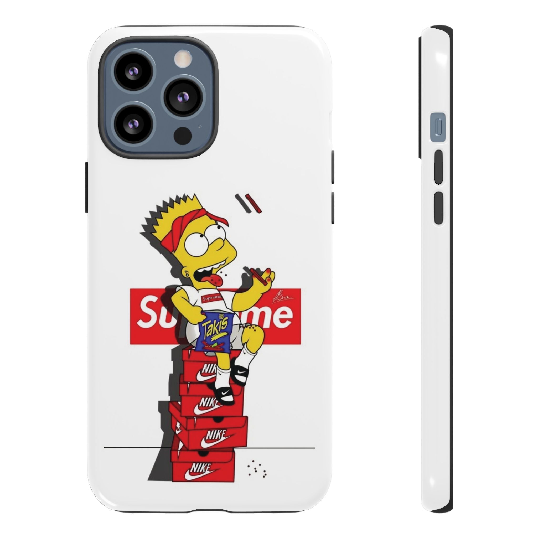 Bart Skateboard Streetwear Tough Phone Case Sitting on Nike Shoebox Eating Takis
