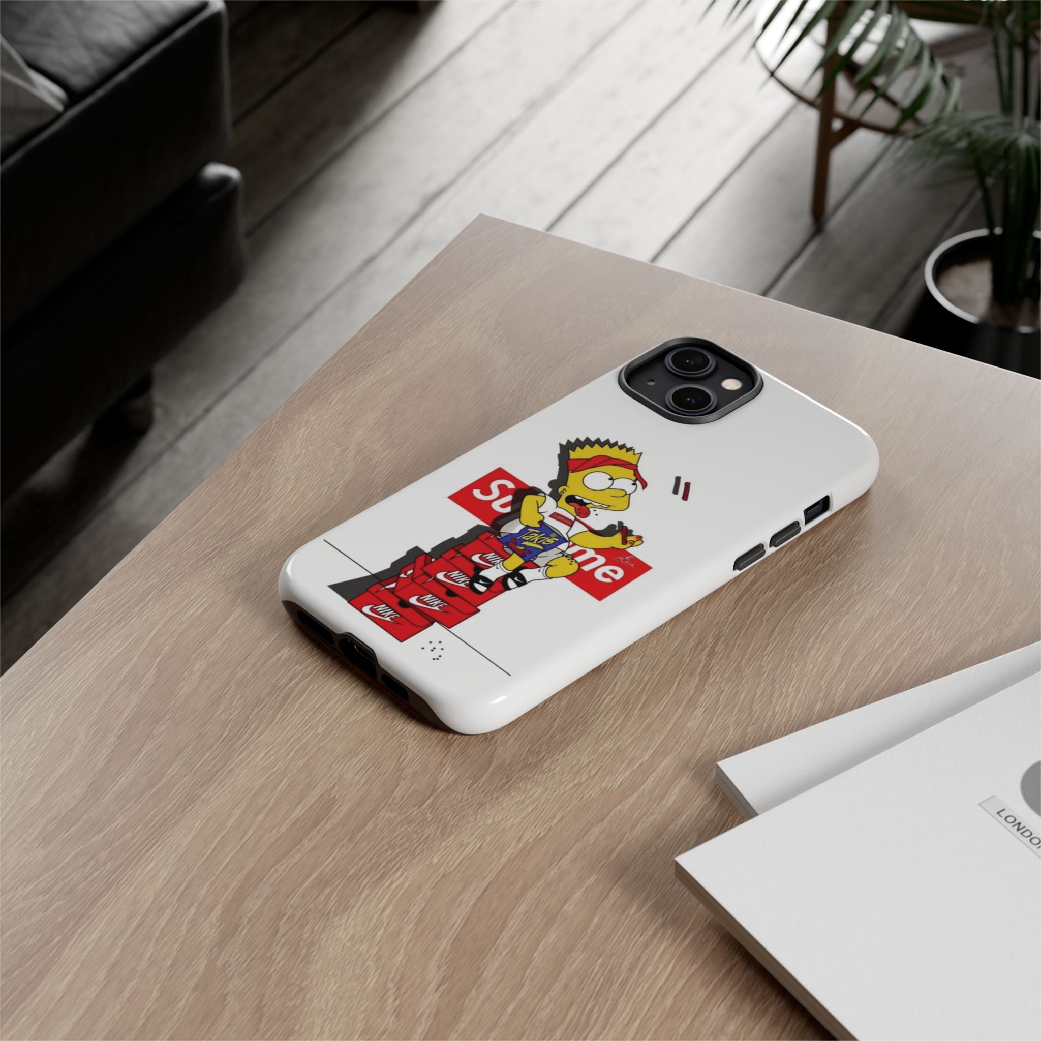 Bart Skateboard Streetwear Tough Phone Case Sitting on Nike Shoebox Eating Takis