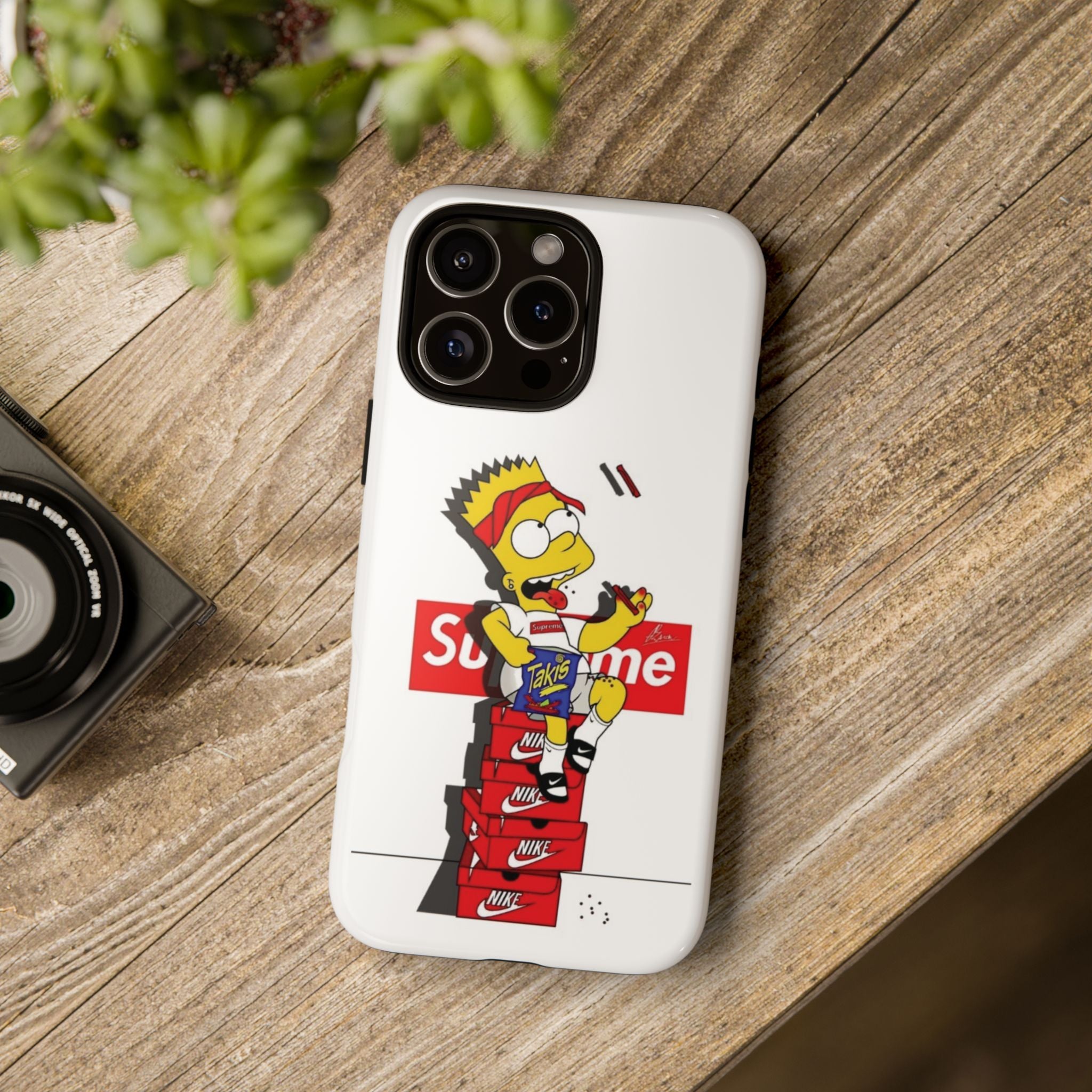 Bart Skateboard Streetwear Tough Phone Case Sitting on Nike Shoebox Eating Takis
