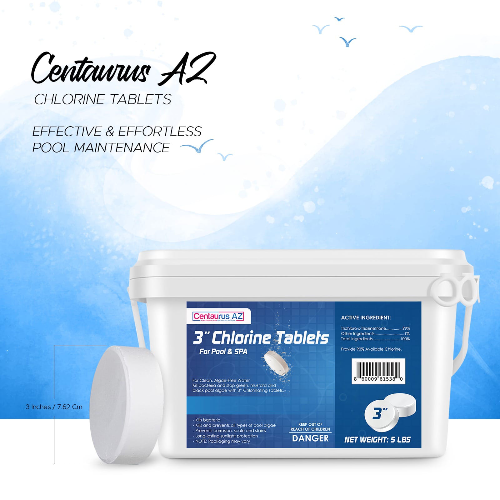 Centaurus AZ 3-Inch Slow-Dissolving Chlorine Tablets – 5 lb