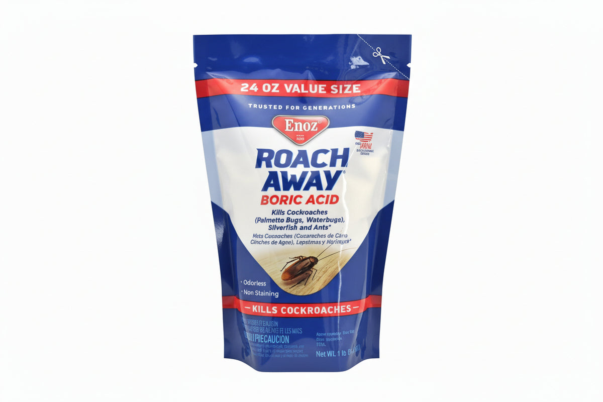 Turquoise gloves and a package of Roach Away Boric Acid on a white background