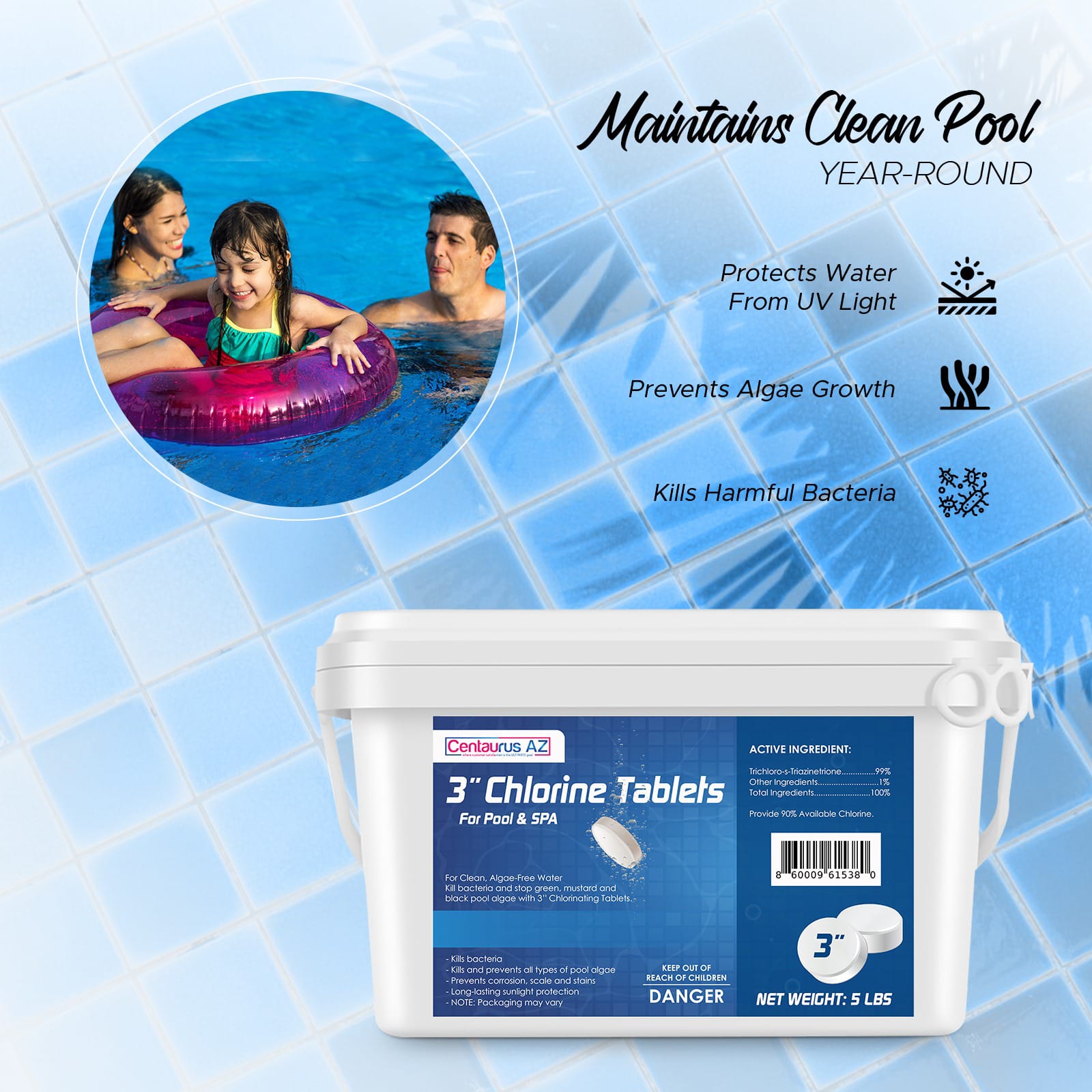 Centaurus AZ 3-Inch Slow-Dissolving Chlorine Tablets – 5 lb