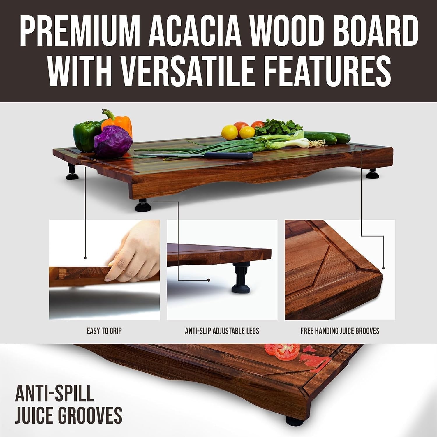 Cucina Green Acacia Wood Stove Top Cover – 30 x 22" Noodle Board & Cutting Board with Adjustable Legs