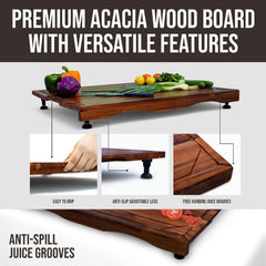 Cucina Green Acacia Wood Stove Top Cover – 30 x 22" Noodle Board & Cutting Board with Adjustable Legs
