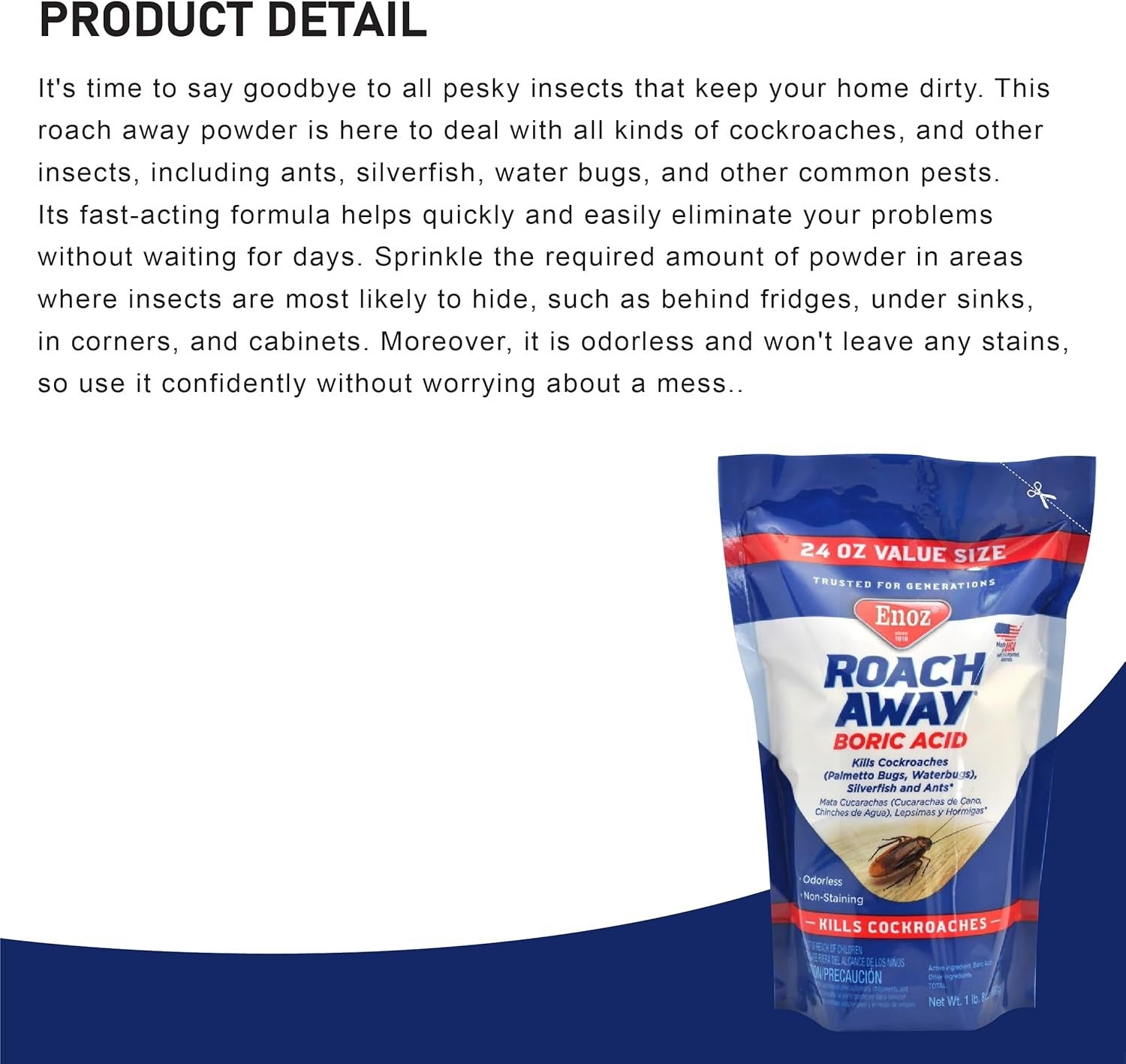 Enoz Odorless Multi-Insect Killer Powder - Roach & Ant Control - 24oz