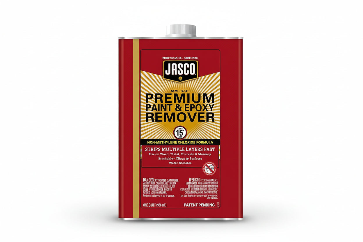 Jasco premium paint and epoxy remover with teal gloves on a white background