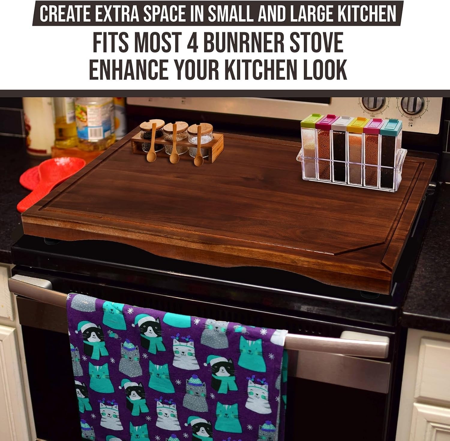 Cucina Green Acacia Wood Stove Top Cover – 30 x 22" Noodle Board & Cutting Board with Adjustable Legs