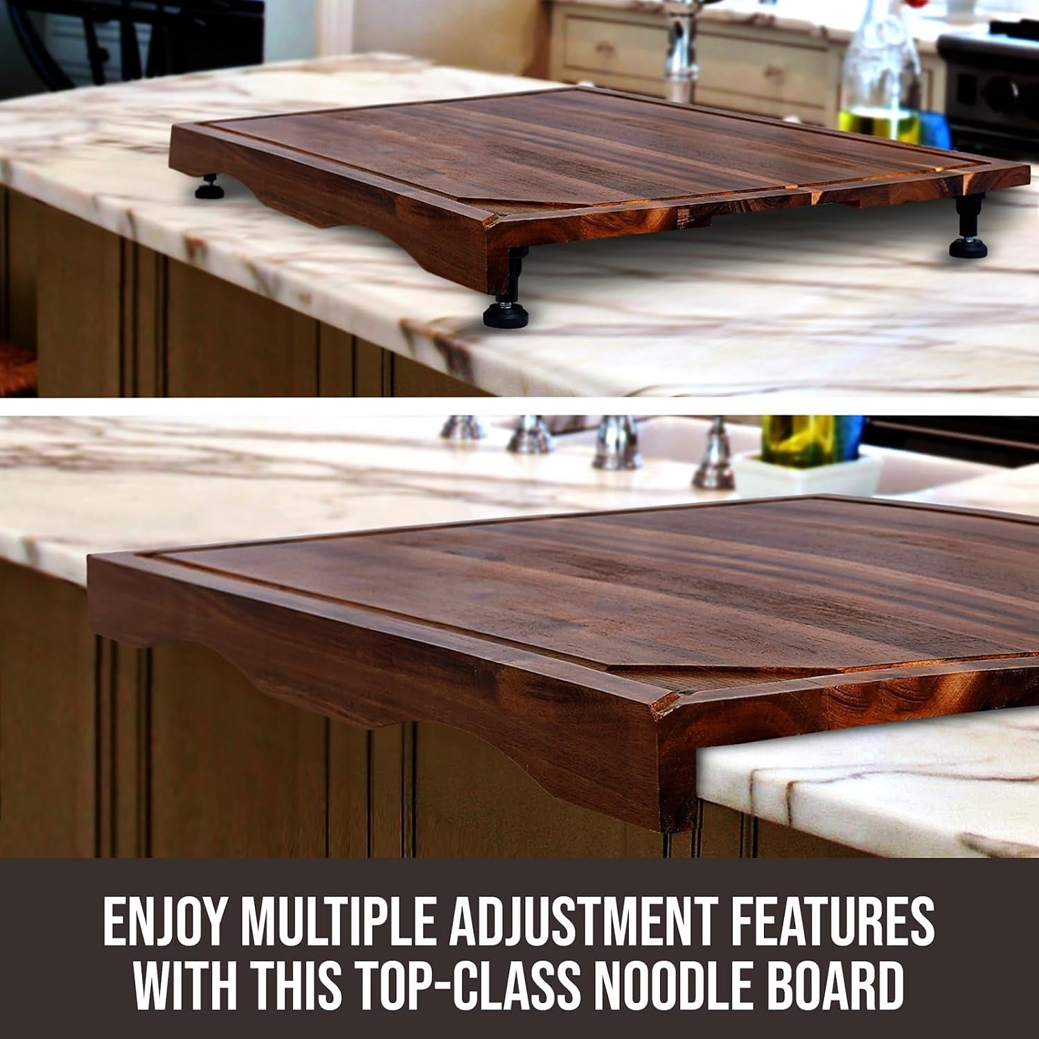 Cucina Green Acacia Wood Stove Top Cover – 30 x 22" Noodle Board & Cutting Board with Adjustable Legs