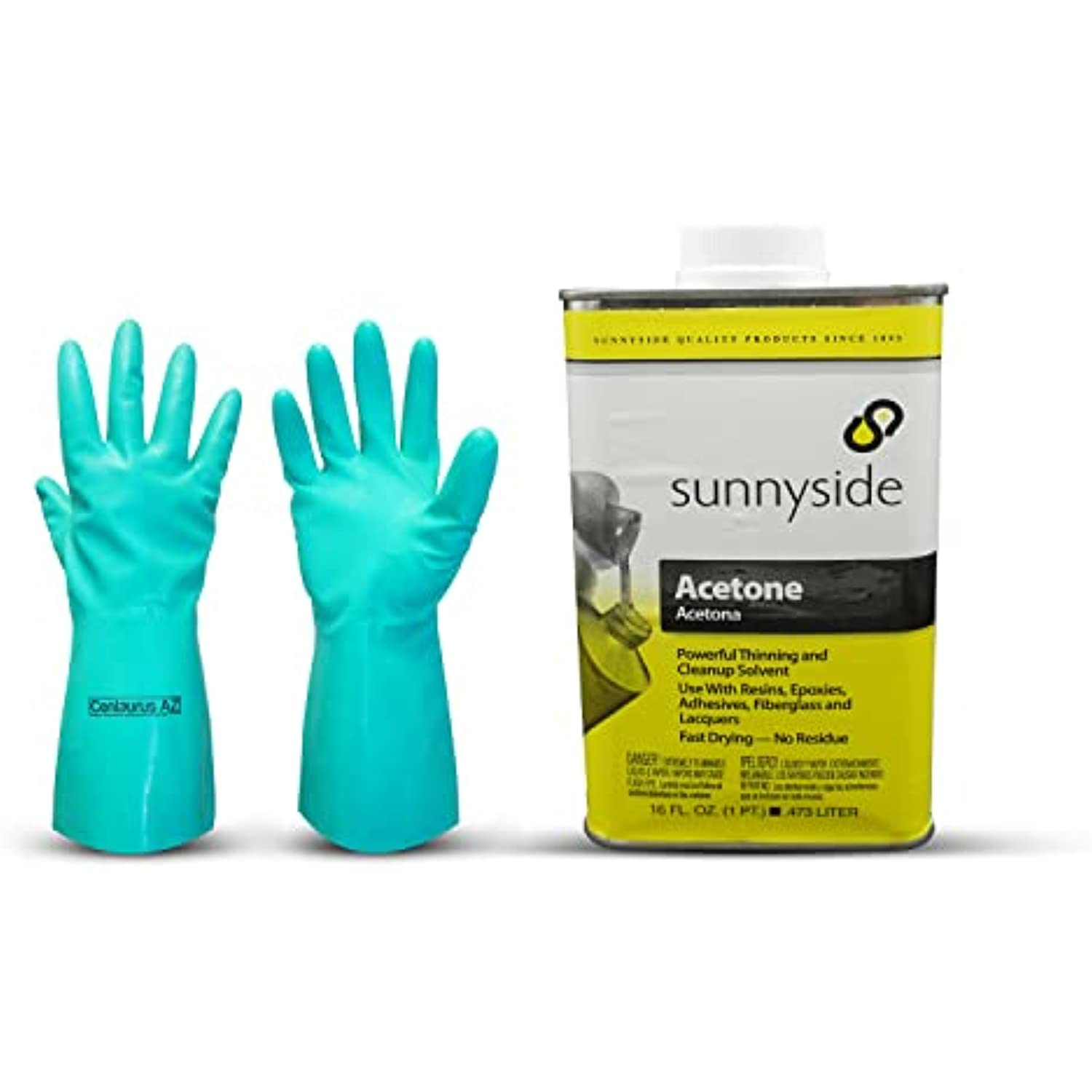 Sunnyside 1-Pint Acetone with Centaurus AZ Resistant Glove for Cosmetics Textiles Automotive Colorless Cleanup Dried Latex Epoxy Fiberglass Resins Ink Rust Adhesives Lacquers Fast Drying No Residue