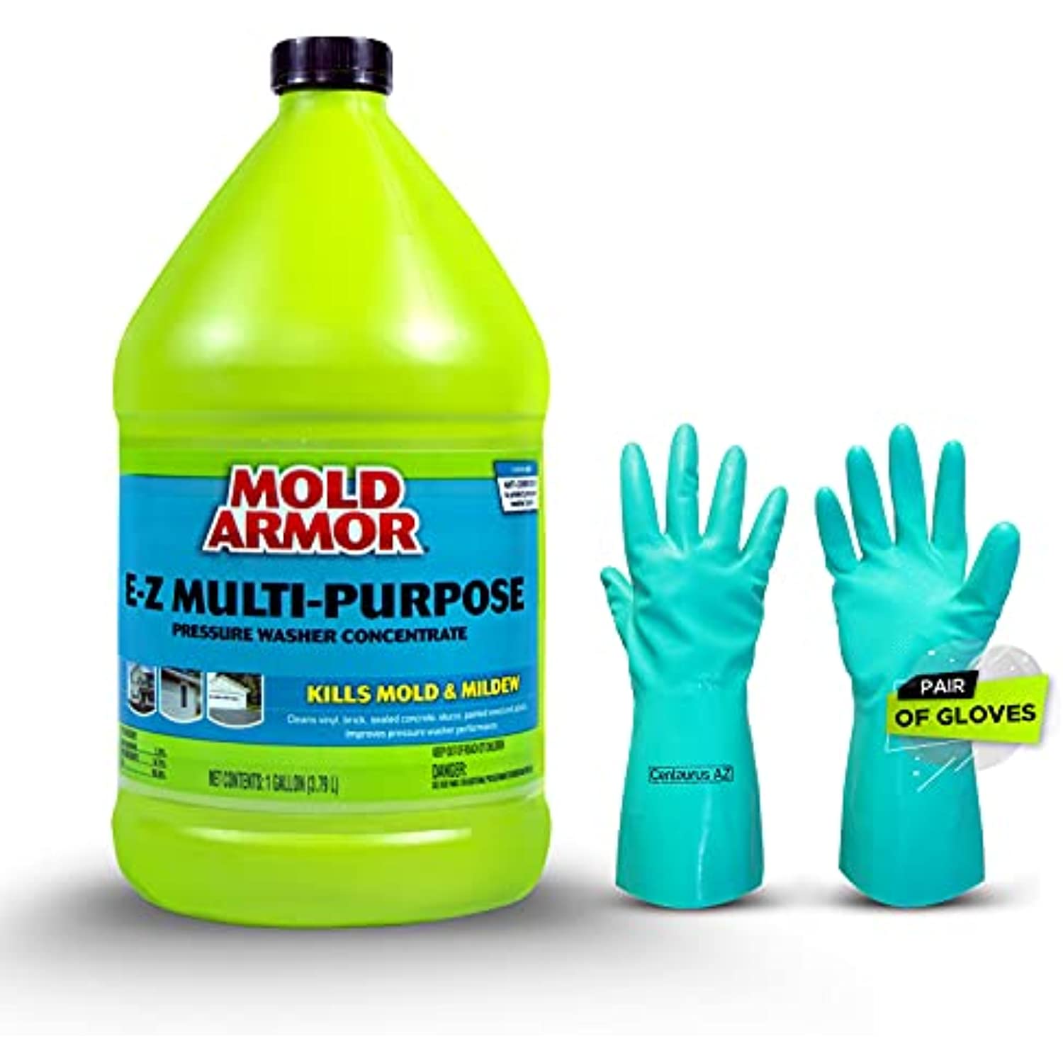 Pressure Washer Mold Mildew Remover - E-Z Multi-purpose Pressure Washer Concentrate 1 Gallon, Leaves the Surface Sparkling Clean, Bundled With Centaurus AZ Gloves For Protection