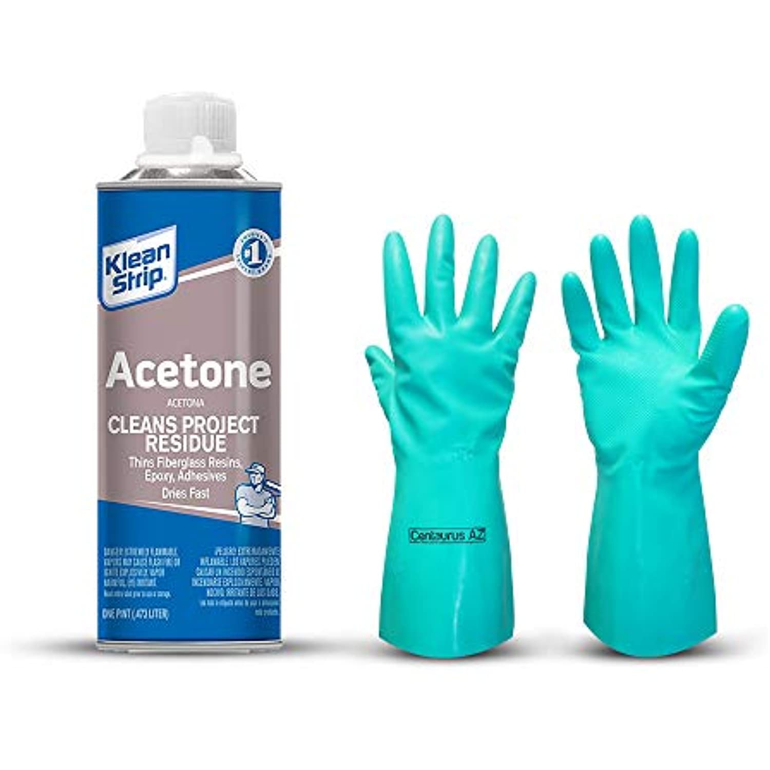 Klean-Strip 16 Ounce Acetone Strong Fast-Acting Thinning Cleaning Fiberglass Epoxy Resins Adhesives Heavy Duty Degreaser 95% Pure Low VOC with Chemical Resistant Gloves by Centaurus AZ