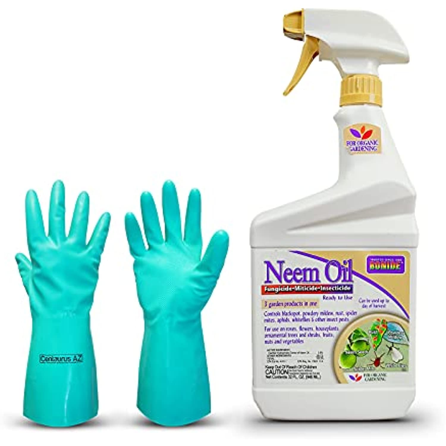 Organic Pet Safe Insect Killer - Bonide Neem Oil 1-Quart, Insect/Disease Control Kills All Stages of Insects, Ready-to-Spray Insecticide, Fungicide & Miticide, Bundled with Centaurus AZ Gloves