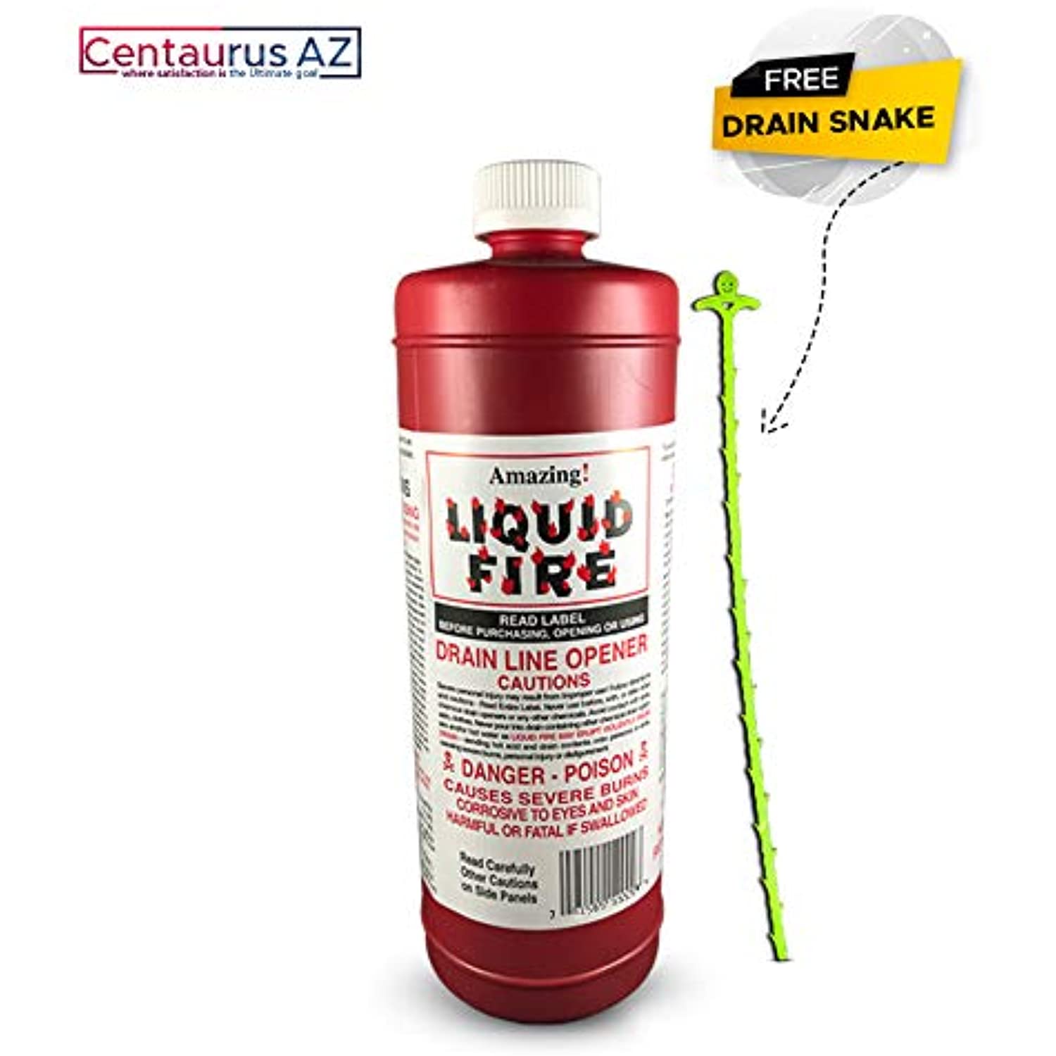 Liquid Fire Drain Opener, Cleans Drain Pipes in Sinks, Tubs, Shower Stalls, Septic Tanks and Laterals- Clog Remover, Drain Cleaner, Toilet Clog Remover- 16 oz with Centaurus AZ Drain Snake
