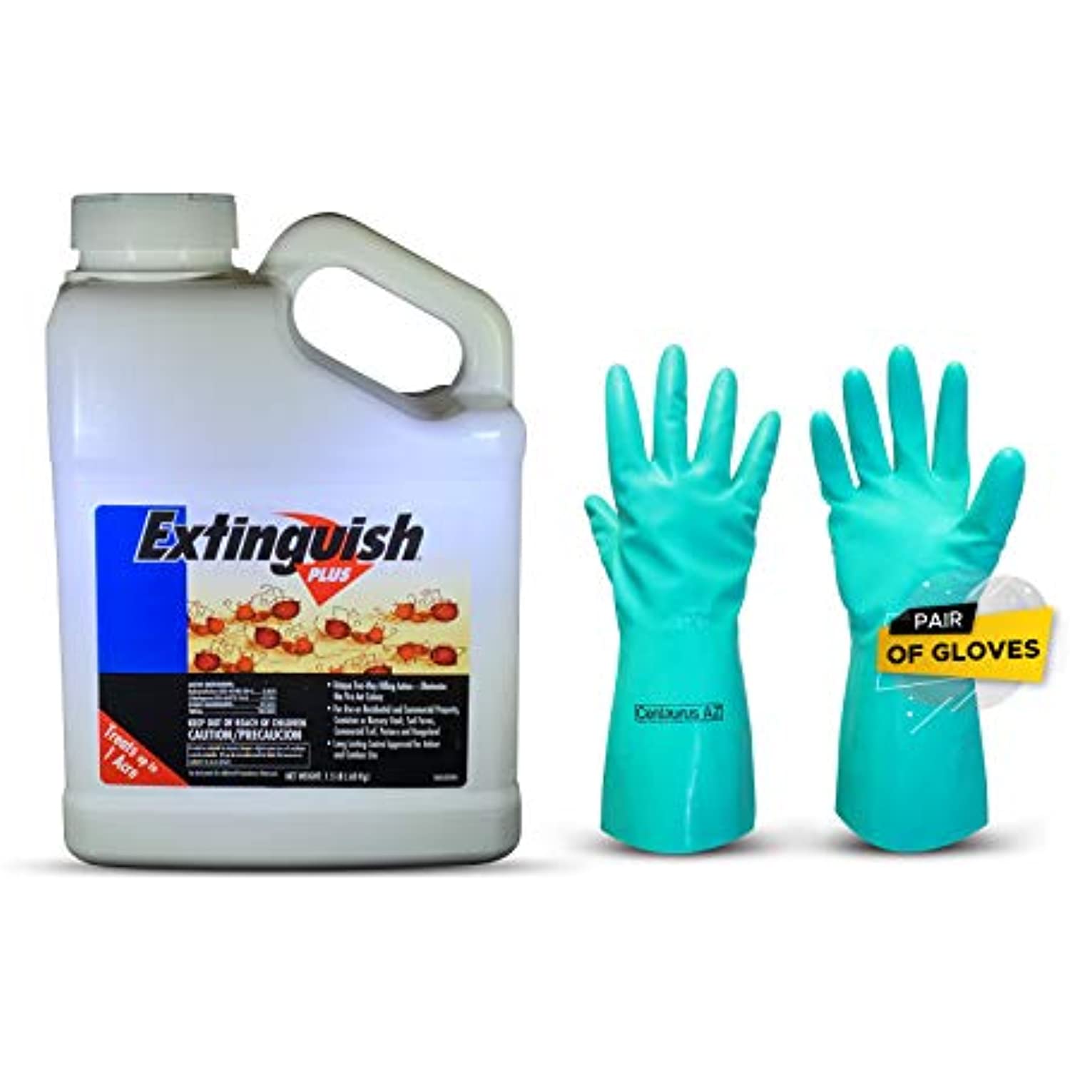 Centaurus AZ Extinguish Plus Fire Ant Bait Fast Acting and Long Lasting Prevention Eliminates Colonies Kills The Queen and Workers Ants Quick Knockdown Plus Chemical Resistant Gloves, 1.5 LB