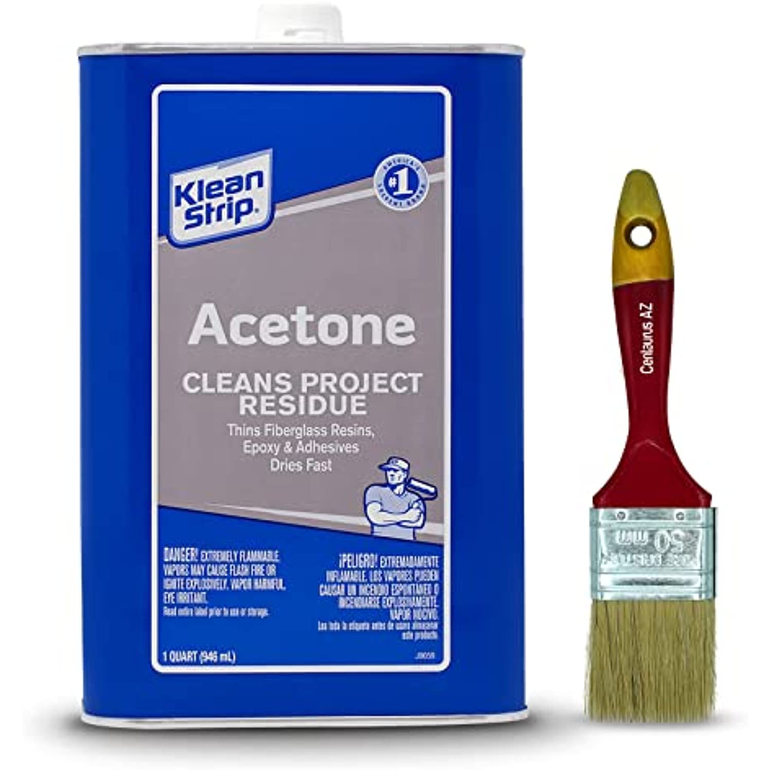 Klean-Strip Acetone Strong Fast-Acting Thinning Cleaning Fiberglass Epoxy Resins Adhesives Heavy Duty Degreaser 95% Pure Low VOC 1 Quart Premium 2 Inch Painter Brush by Centaurus AZ