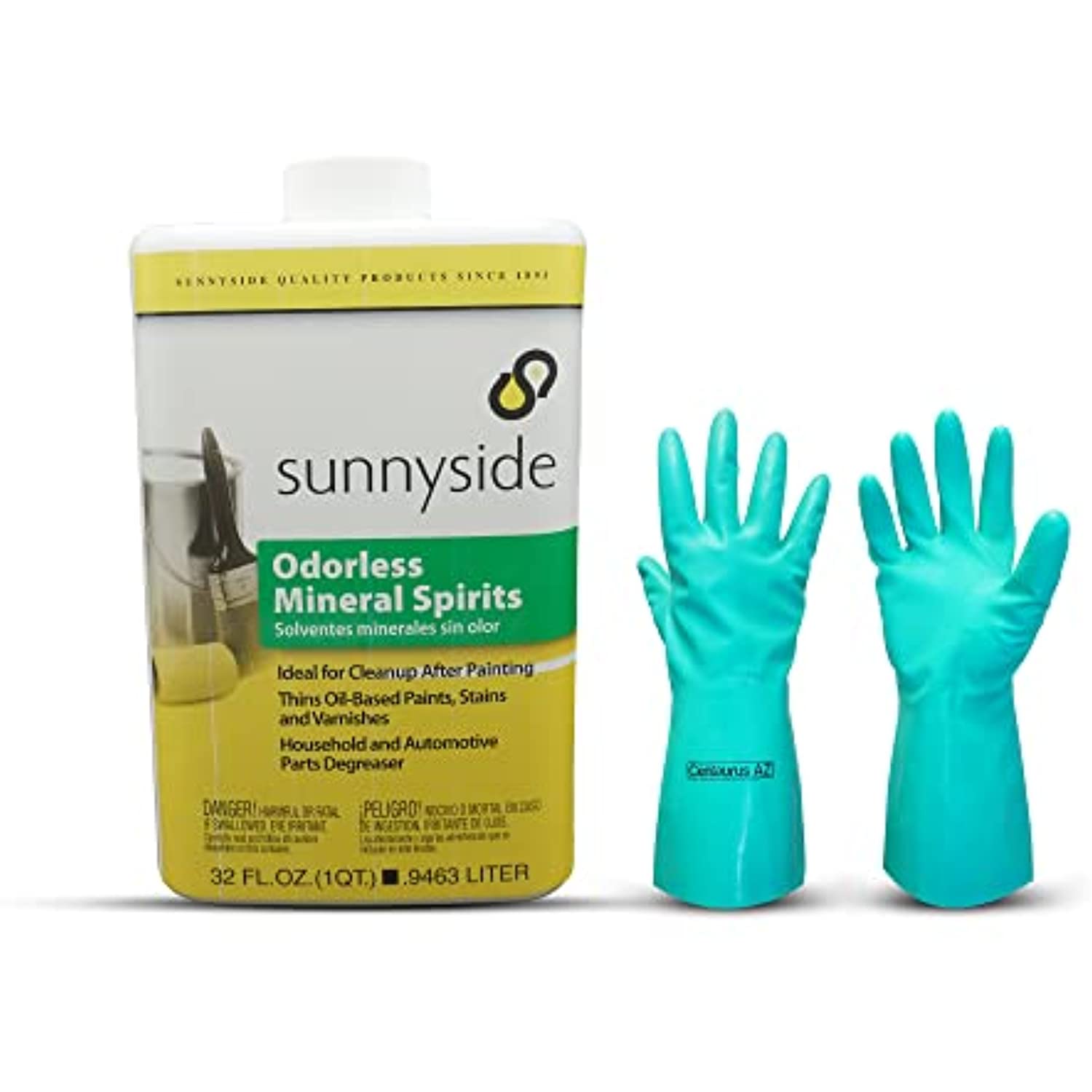 Sunnyside Odorless Mineral Spirit 1 Quart with Centaurus AZ Resistant Glove for Industrial Automotive Hydrocarbon Petroleum Distillate Dirt Grease Oil Equipment Tools Pure Odor-Free No Additives