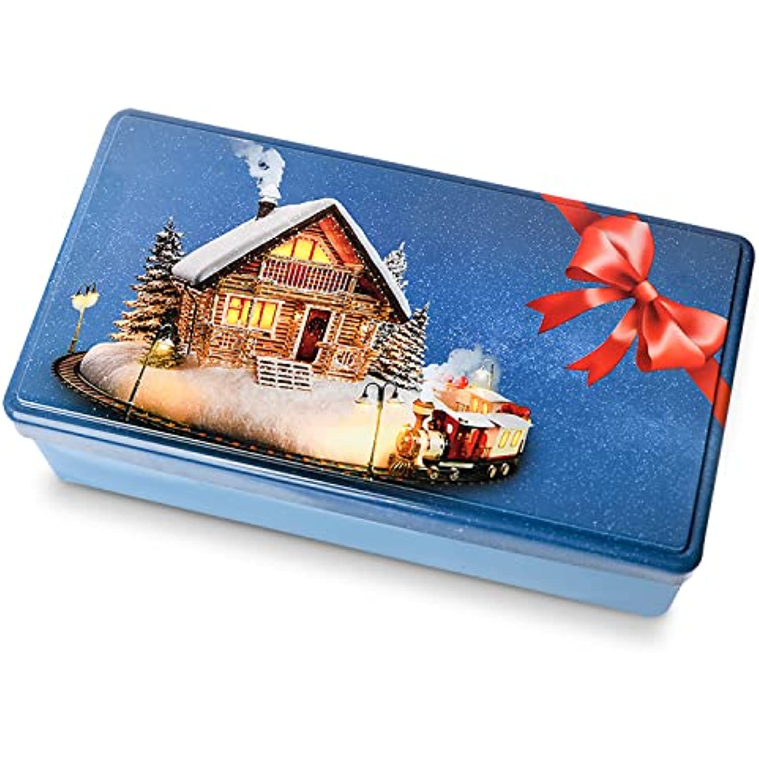 Crave Island Festive Tin Box - Metal Christmas Tins with Lids for Food, Candy, Cake, Cookies, Cards - Container with Decorative Winter Holiday Design - Supplies for Gift Giving, Storage, Decoration