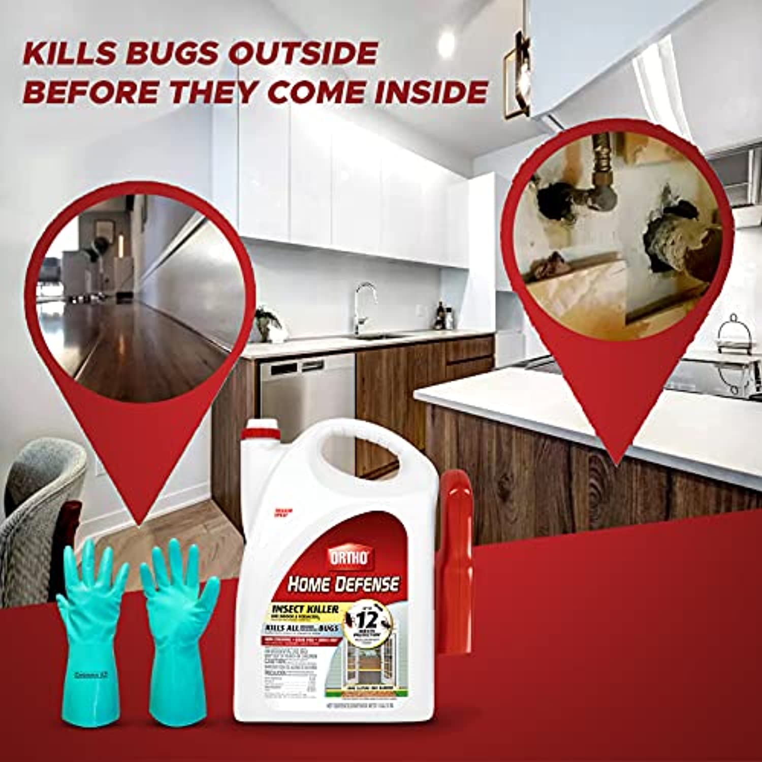 Centaurus AZ Odorless Non Staining Insect Killer - Ortho Home Defense MAX, 1-Gallon, Mosquito, Ants, Flea & Tick Repellent for Lawns with Easy-to-Use Comfort Wand & Protective Gloves