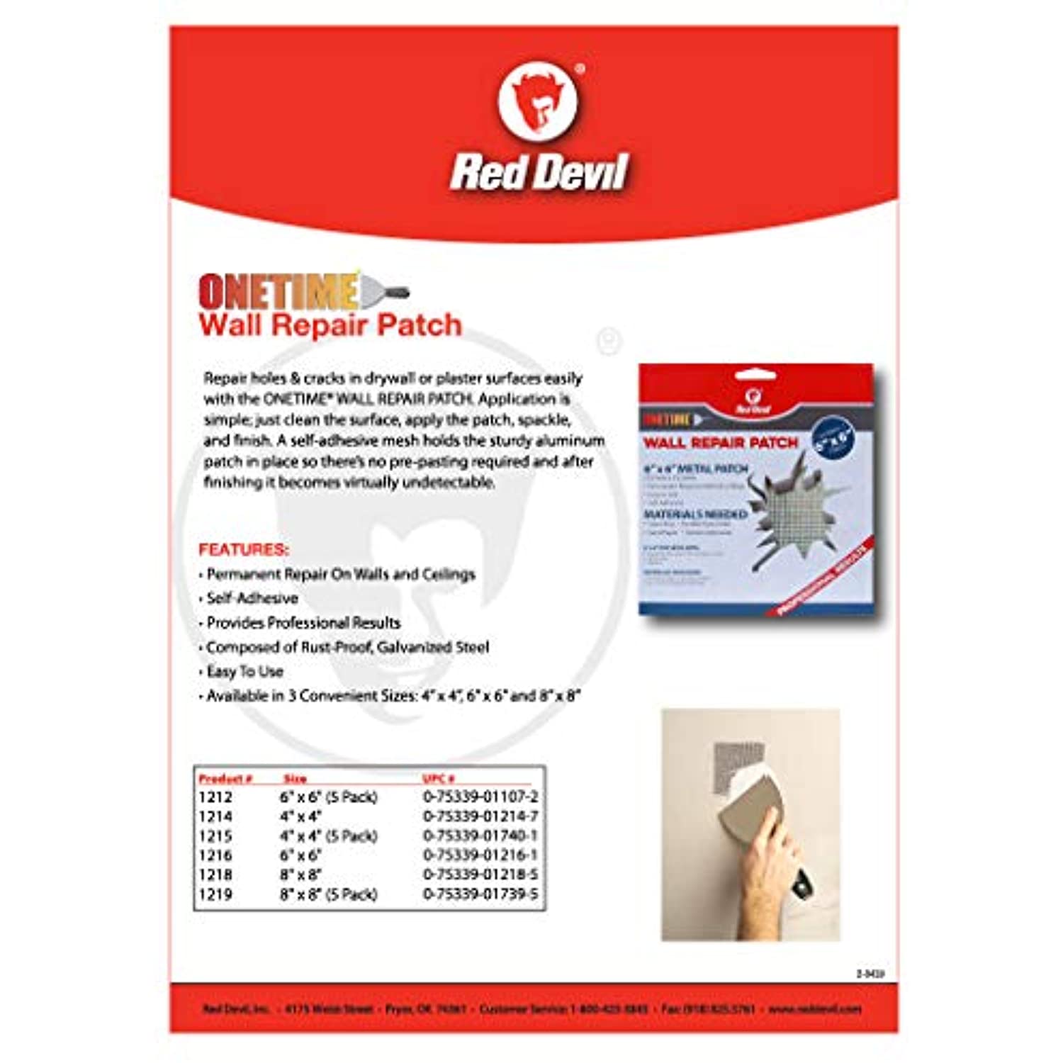 Red Devil 1216 6" x 6" ONETIME, 1 Pack Wall Repair Patch, 6 inch, Aluminum