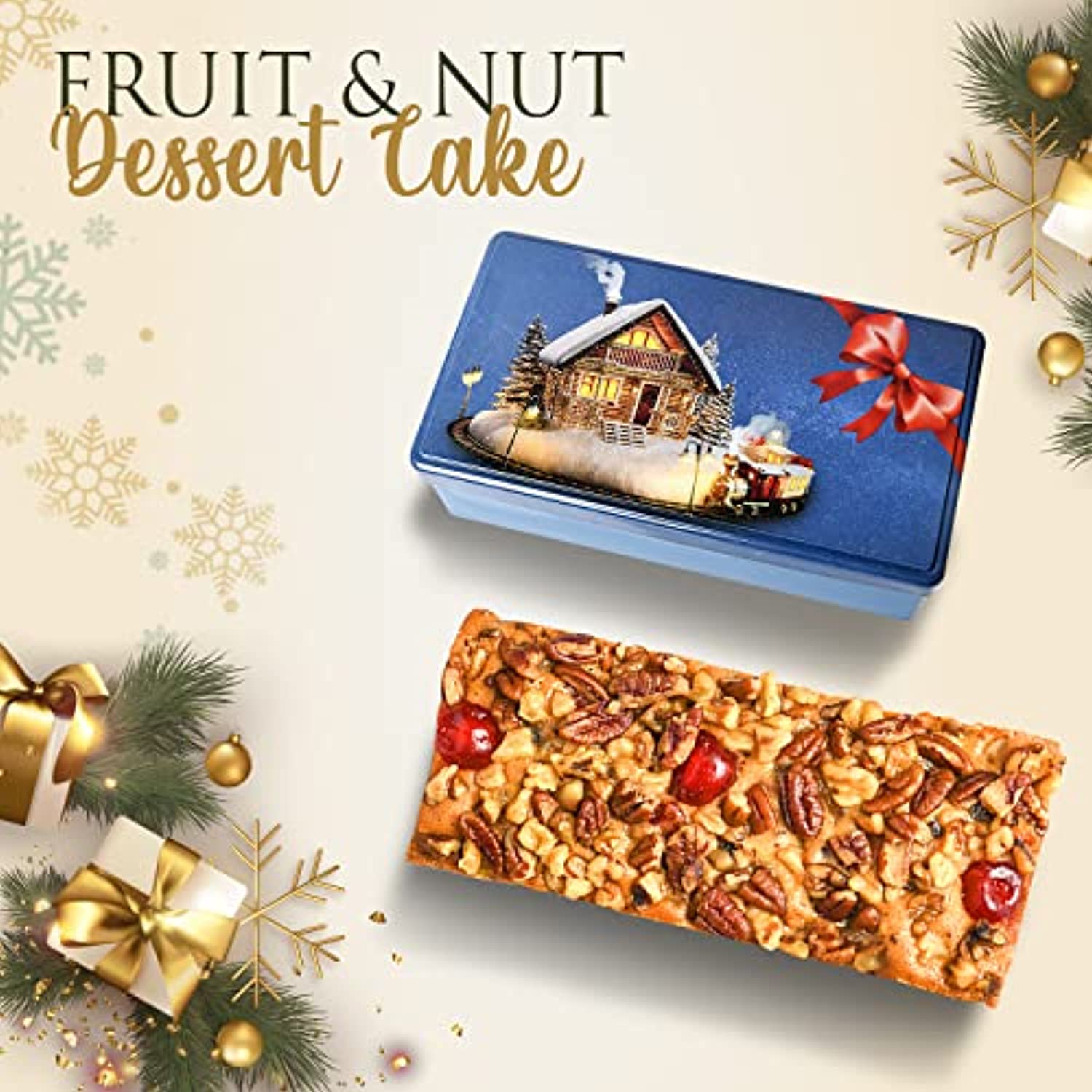 1LB Gourmet Fruit Cake | Filled with Cherries, Pineapple, Pecans, Walnuts, Raisins – Best Fruitcake w/ Festive Tin by Crave Island
