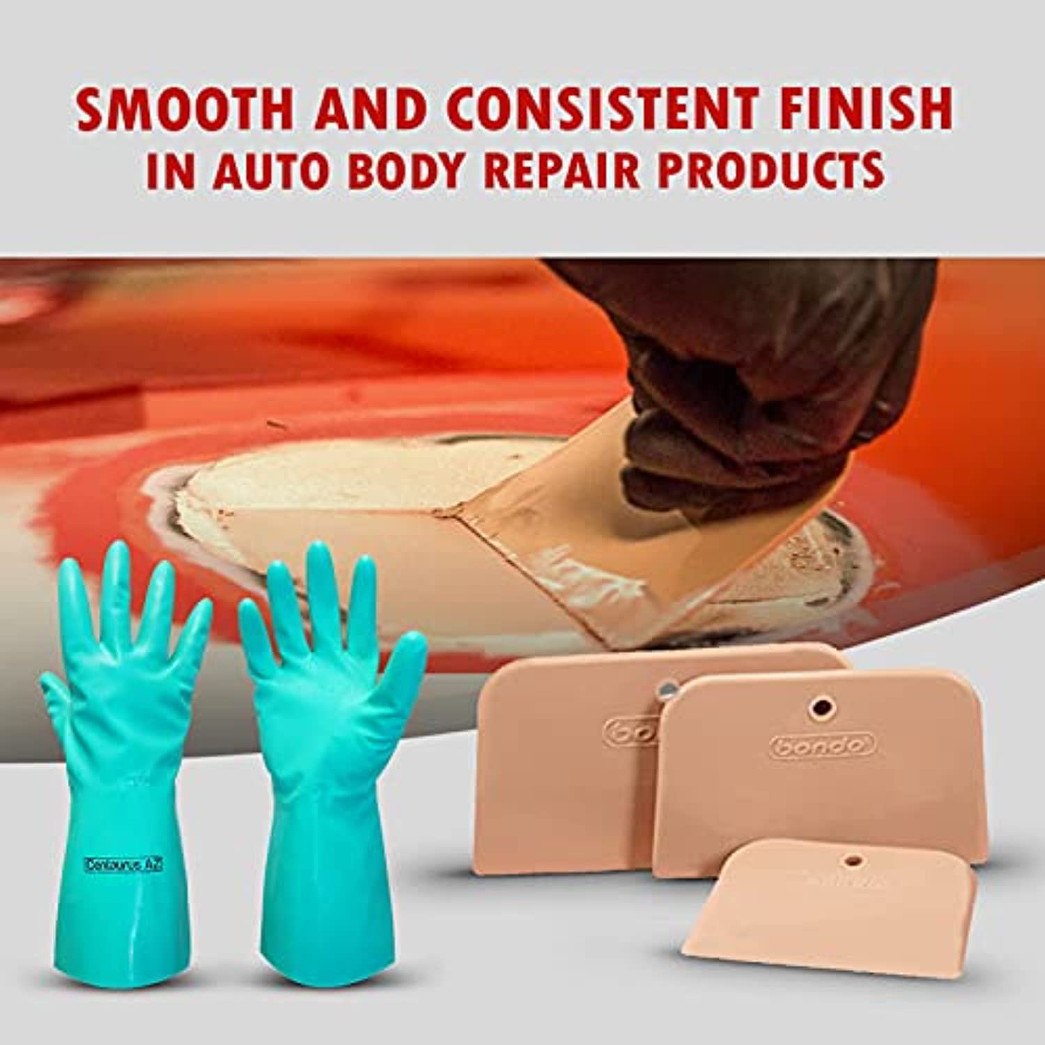 Centaurus AZ Durable Plastic Bondo Spreader with Flexible & Reusable Features-Ideal for Automotive Body Parts Comes with Three Different with Premium Quality Hand Safety Gloves